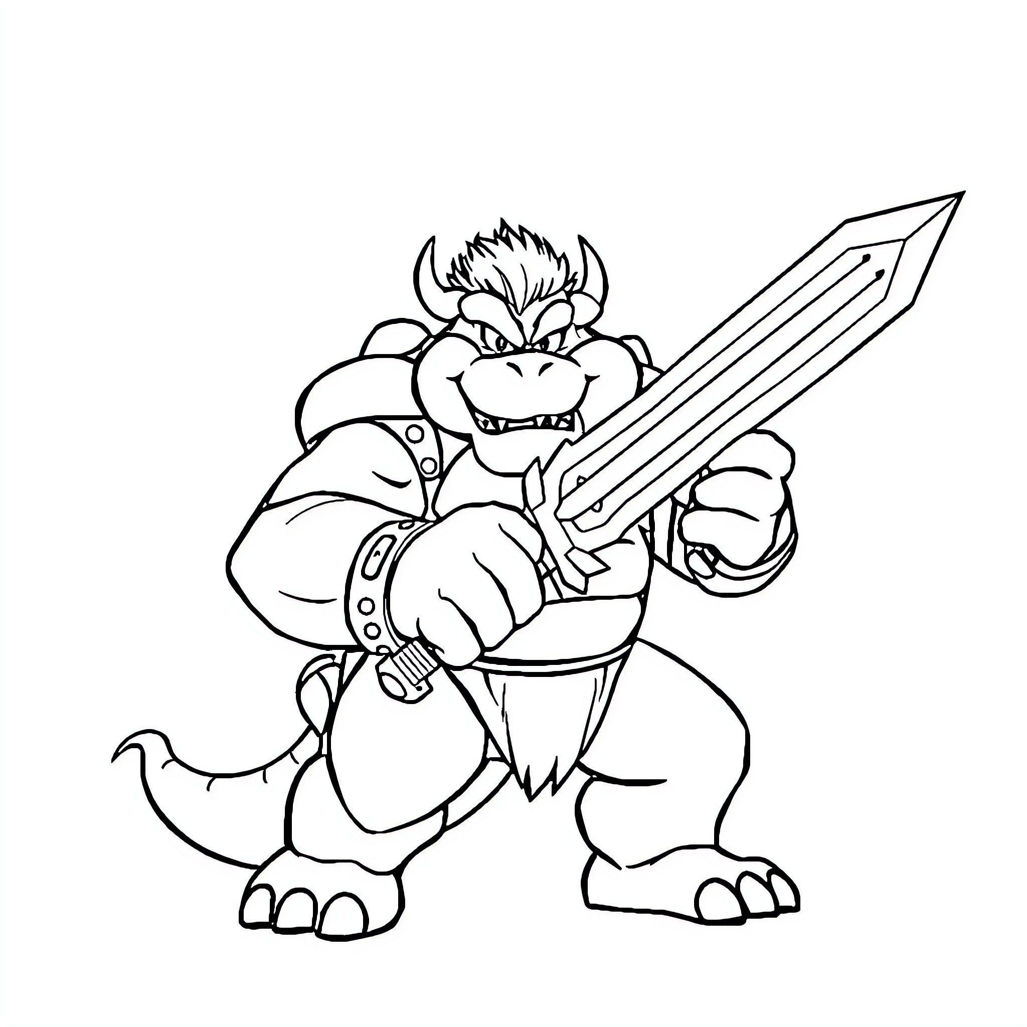 Bowser wielding a sword in battle Coloring Page (free black-and-white line drawing printable PDF for all, from beginners to advanced learners, including children, teens, adults, and seniors)
