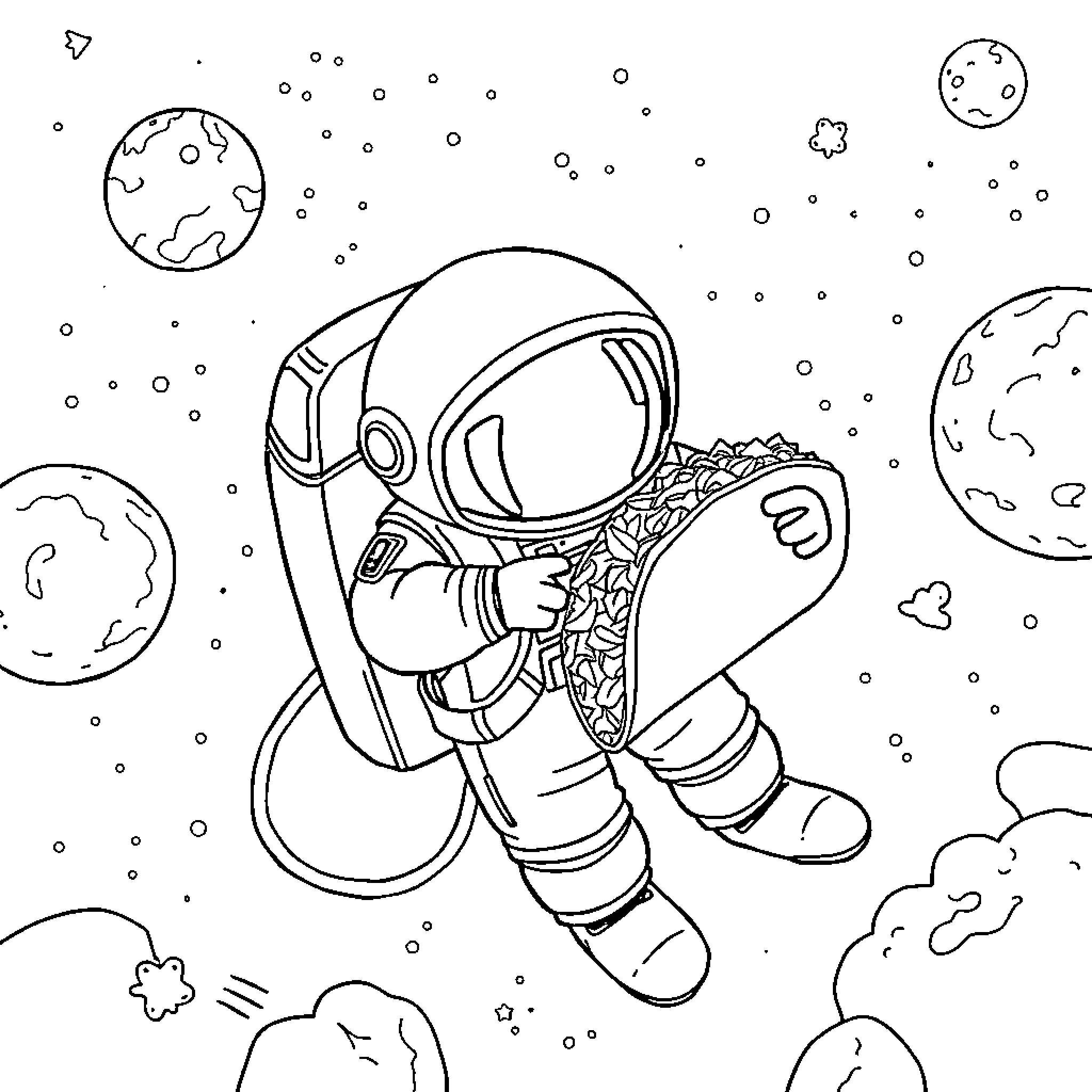 Astronaut exploring the cosmic landscape Coloring Page (free black-and-white line drawing printable PDF for all, from beginners to advanced learners, including children, teens, adults, and seniors)