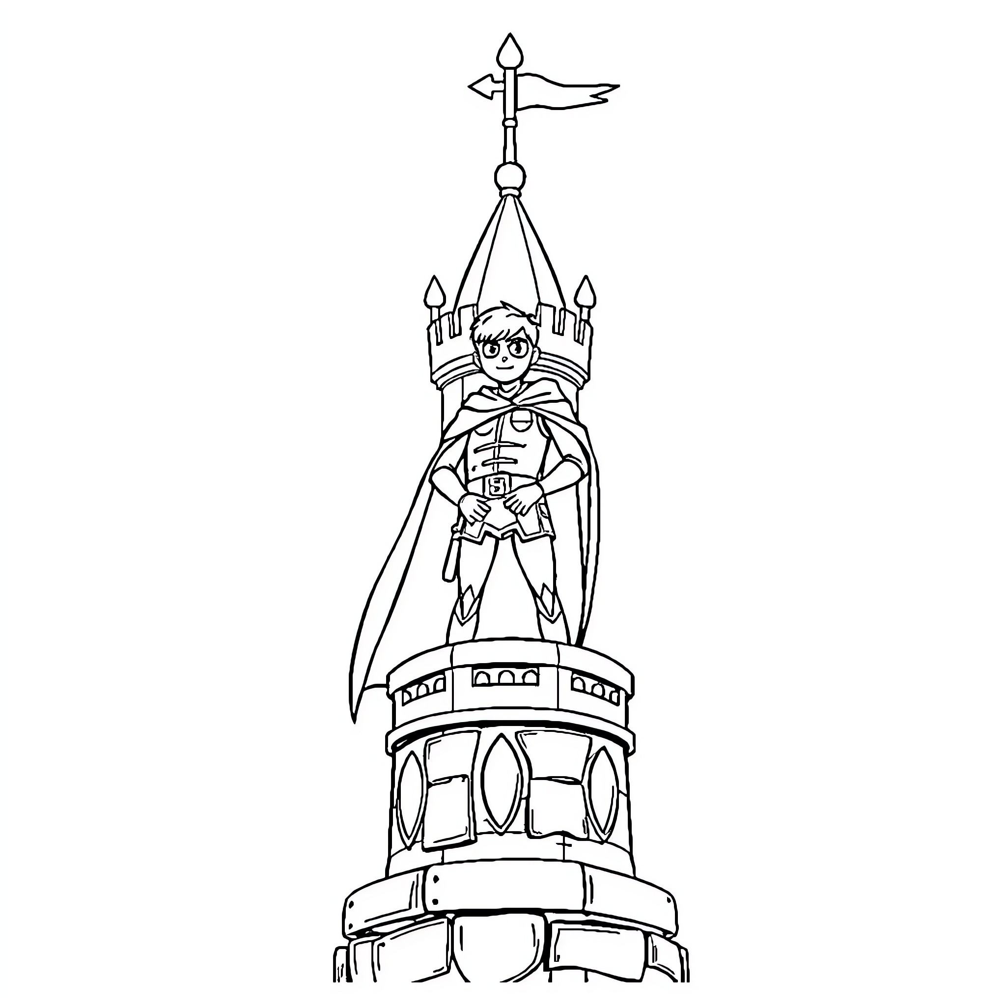 Robin atop a grand fantasy castle Coloring Page (free black-and-white line drawing printable PDF for all, from beginners to advanced learners, including children, teens, adults, and seniors)