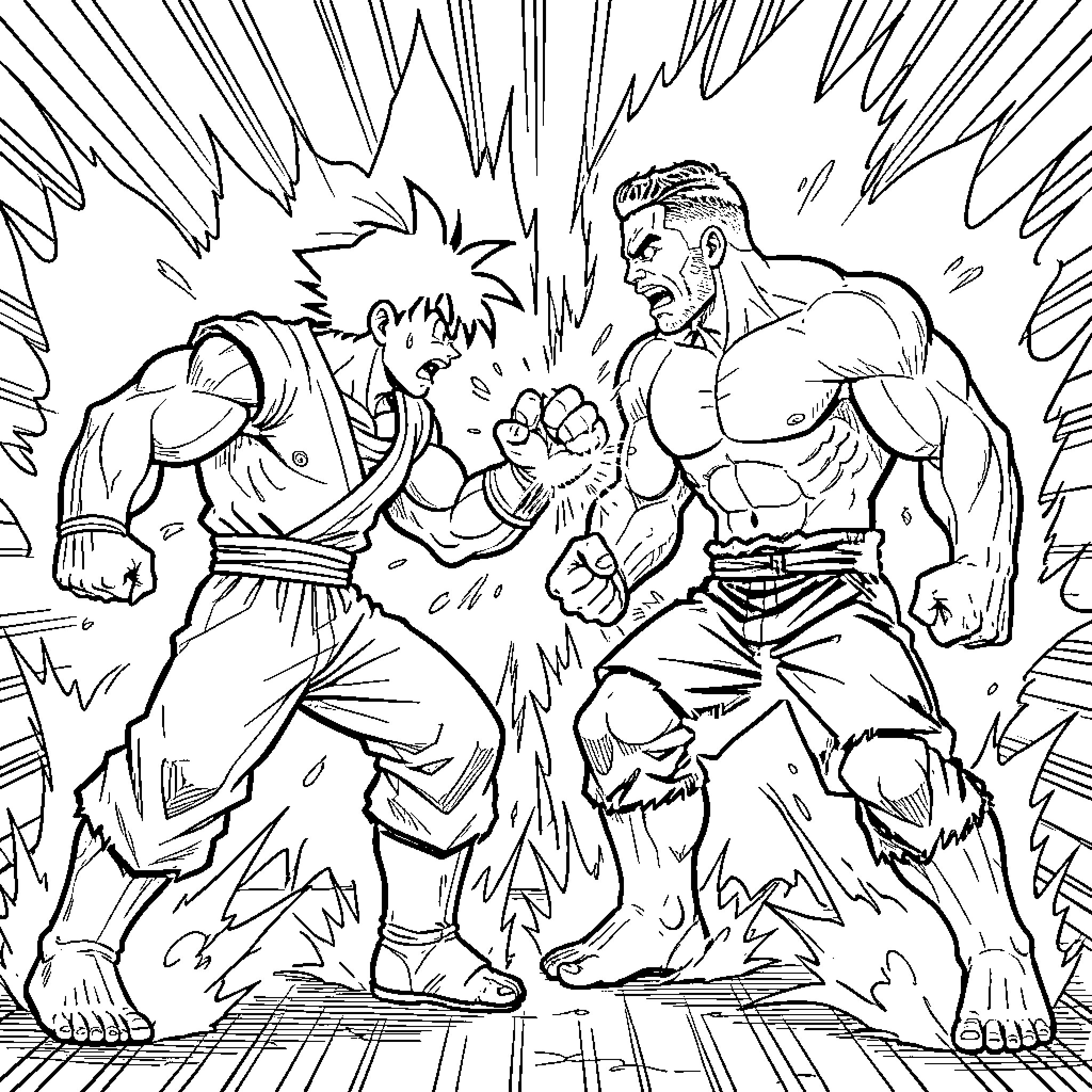 Son Goku battling a muscular opponent in a fierce fight Coloring Page (free black-and-white line drawing printable PDF for all, from beginners to advanced learners, including children, teens, adults, and seniors)