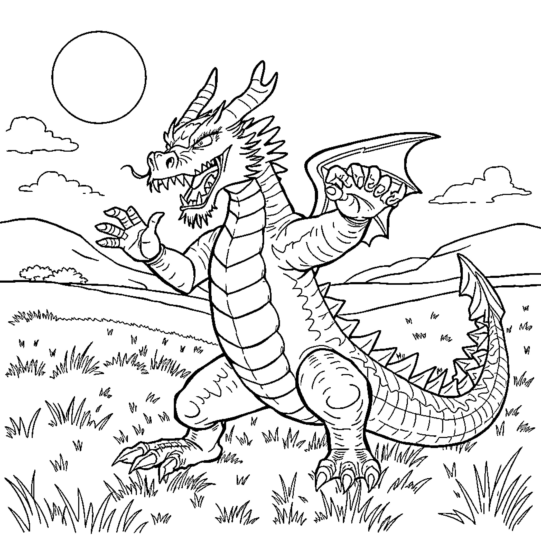 Dragon Soaring Through the Enchanted Landscape Coloring Page (free black-and-white line drawing printable PDF for all, from beginners to advanced learners, including children, teens, adults, and seniors)