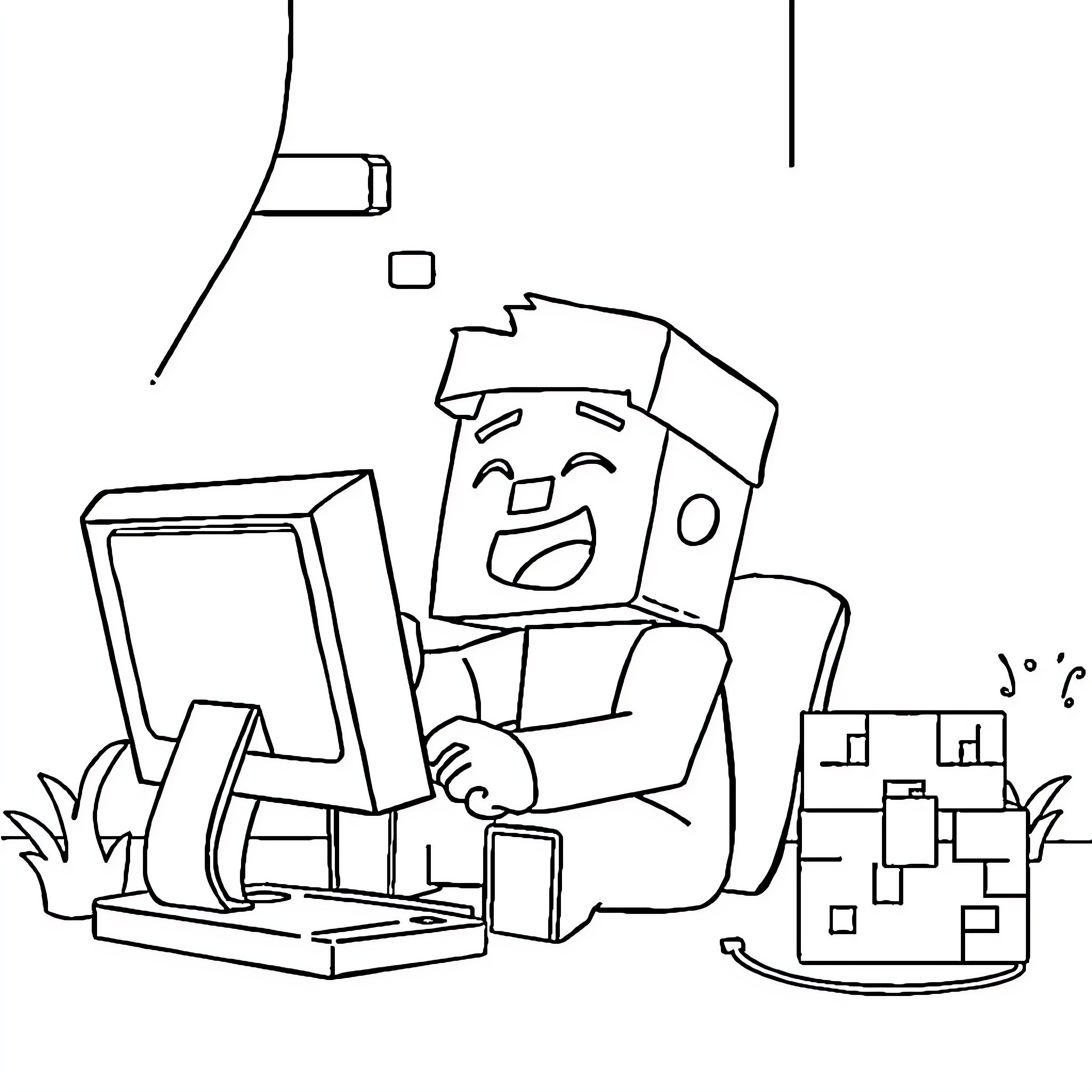 Minecraft character playing video games at home Coloring Page (free black-and-white line drawing printable PDF for all, from beginners to advanced learners, including children, teens, adults, and seniors)