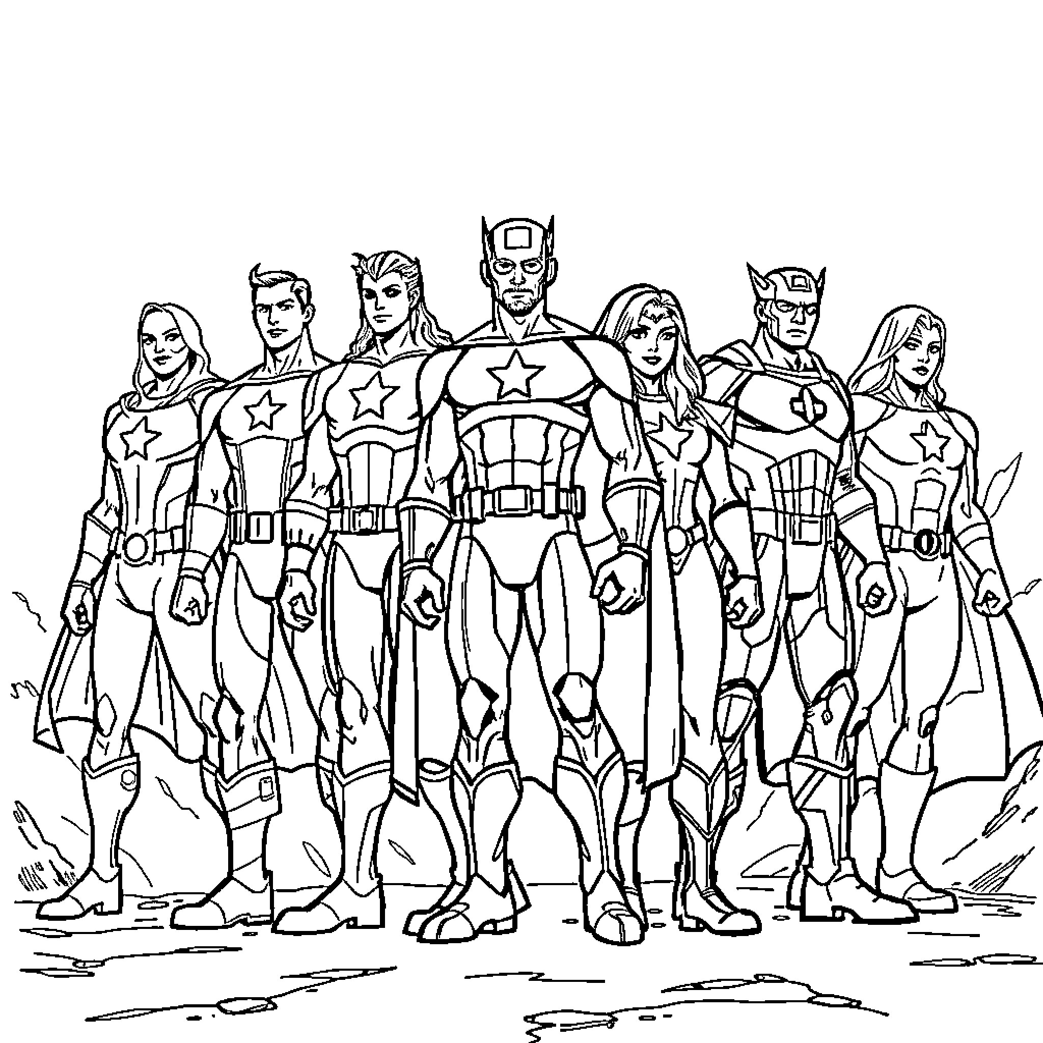Avenger Superheroes Assemble for Action Coloring Page (free black-and-white line drawing printable PDF for all, from beginners to advanced learners, including children, teens, adults, and seniors)