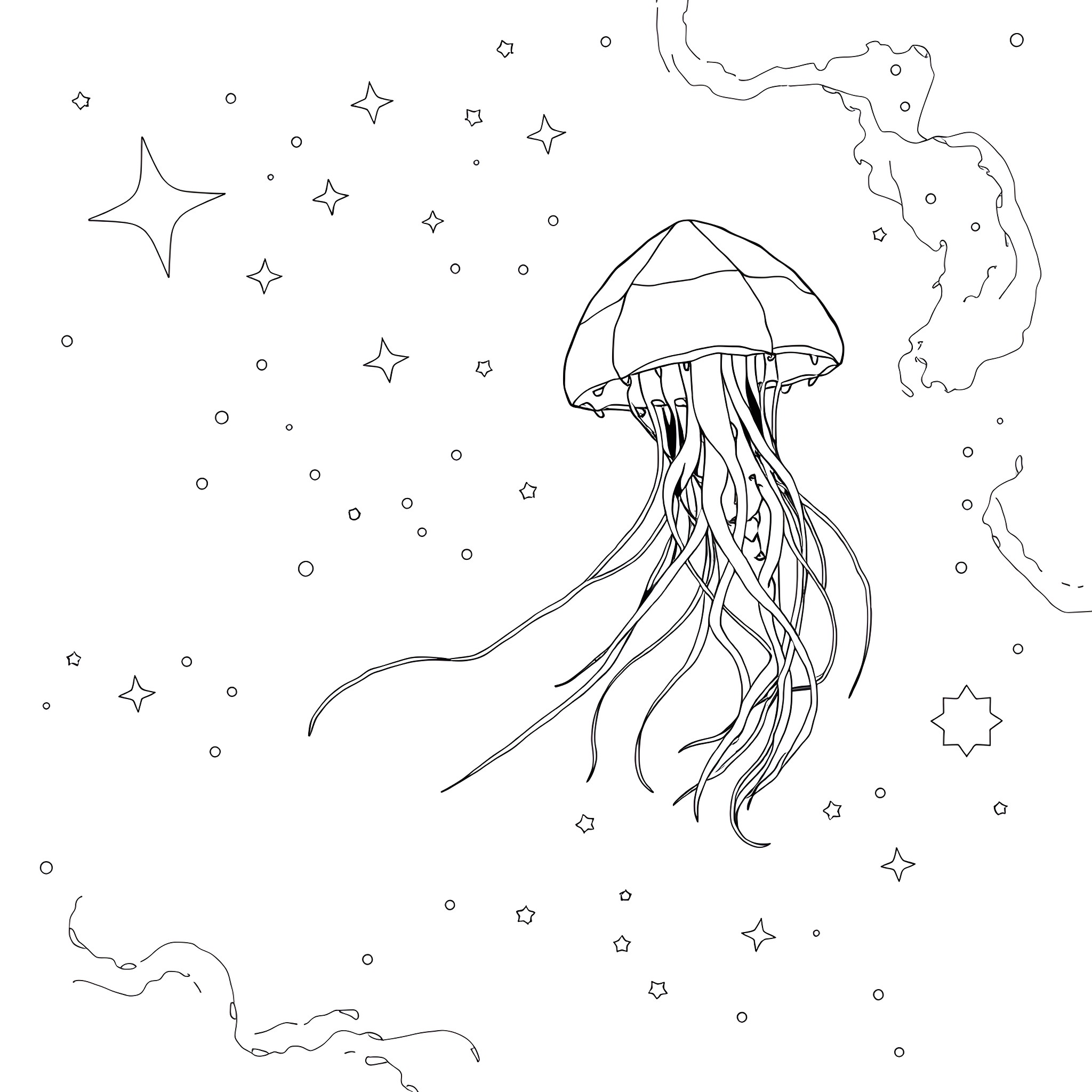 Jellyfish swimming among stars in the night sky Coloring Page (free black-and-white line drawing printable PDF for all, from beginners to advanced learners, including children, teens, adults, and seniors)