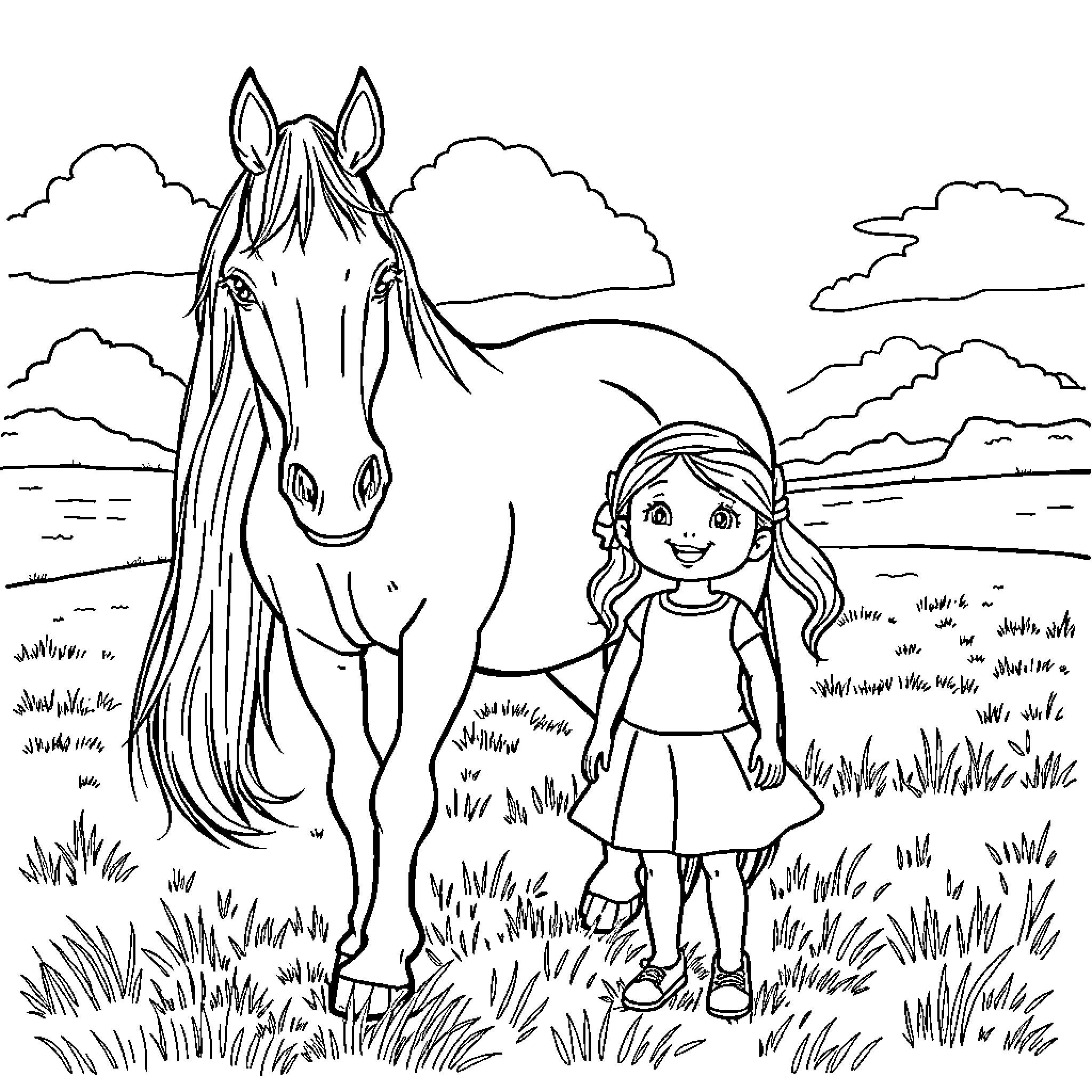 Horse and girl exploring the countryside Coloring Page (free black-and-white line drawing printable PDF for all, from beginners to advanced learners, including children, teens, adults, and seniors)