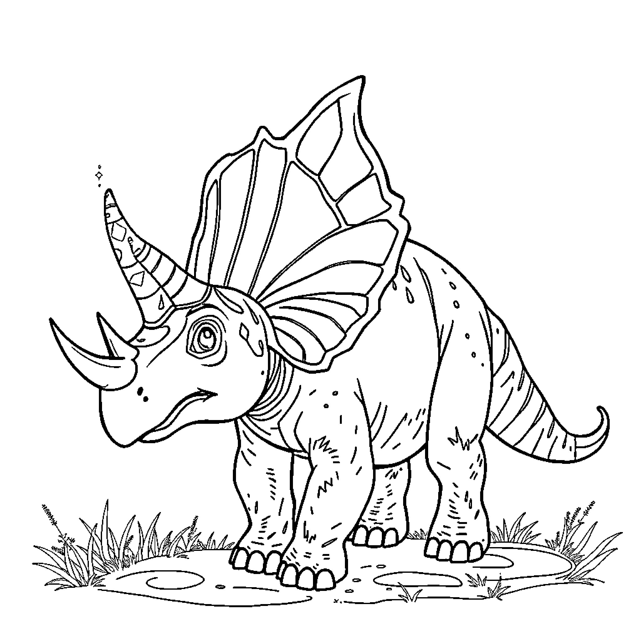 Triceratops exploring the prehistoric landscape Coloring Page (free black-and-white line drawing printable PDF for all, from beginners to advanced learners, including children, teens, adults, and seniors)