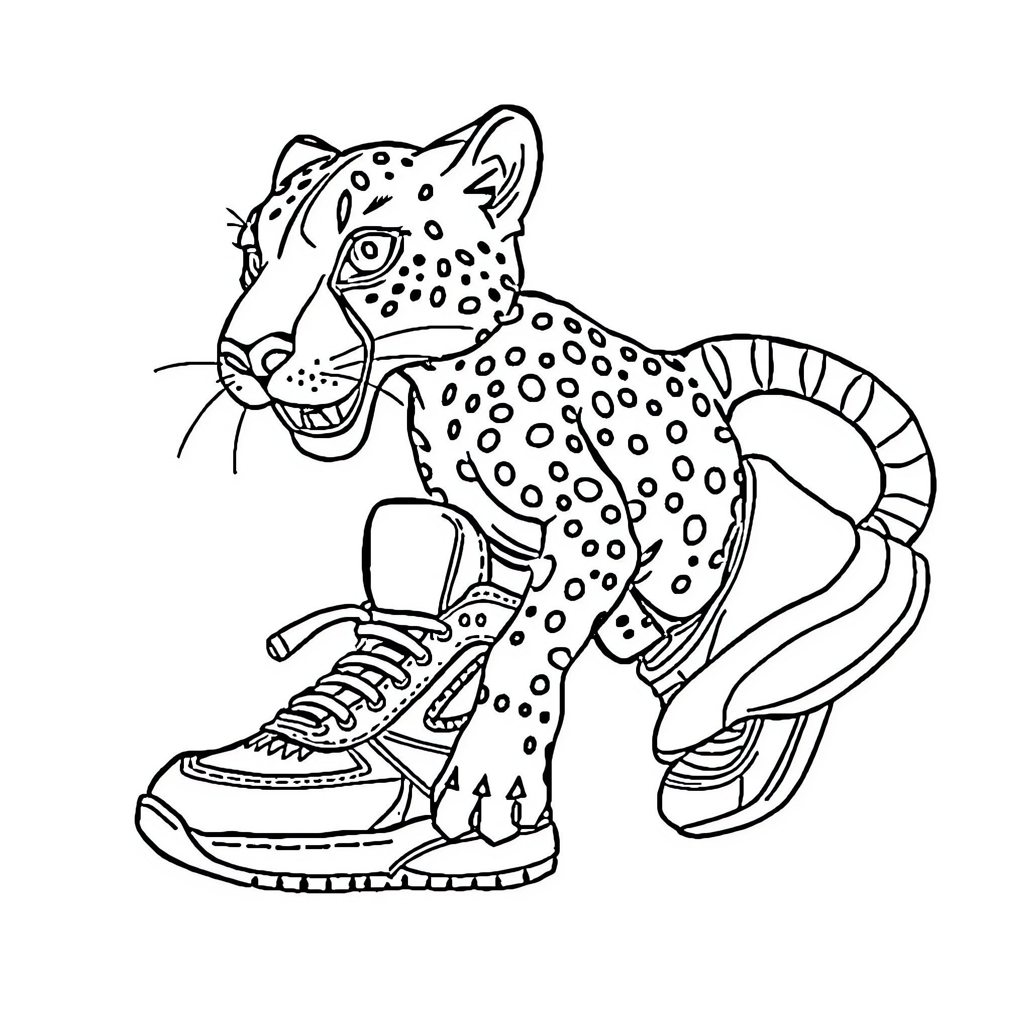 Cheetah wearing sneakers in action Coloring Page (free black-and-white line drawing printable PDF for all, from beginners to advanced learners, including children, teens, adults, and seniors)