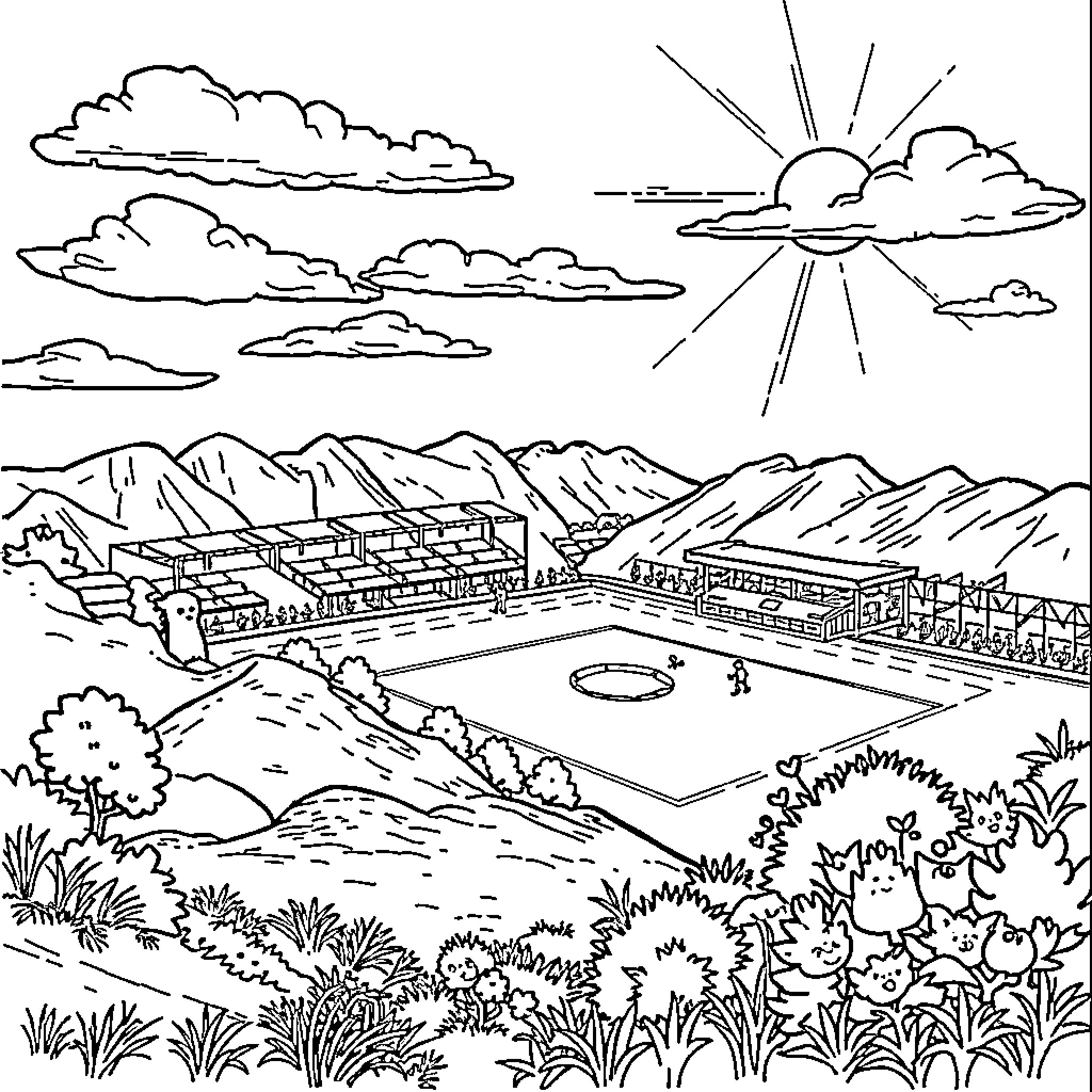 Pregnant Woman Enjoying Scenic Mountain Landscape Coloring Page (free black-and-white line drawing printable PDF for all, from beginners to advanced learners, including children, teens, adults, and seniors)