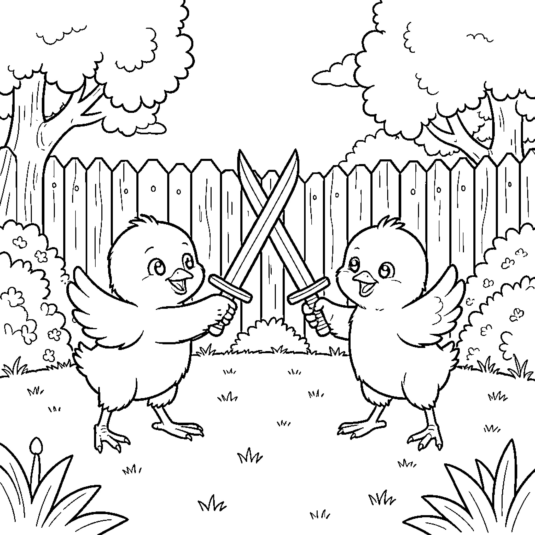 Chicks Playing Joyfully in the Backyard Coloring Page (free black-and-white line drawing printable PDF for all, from beginners to advanced learners, including children, teens, adults, and seniors)