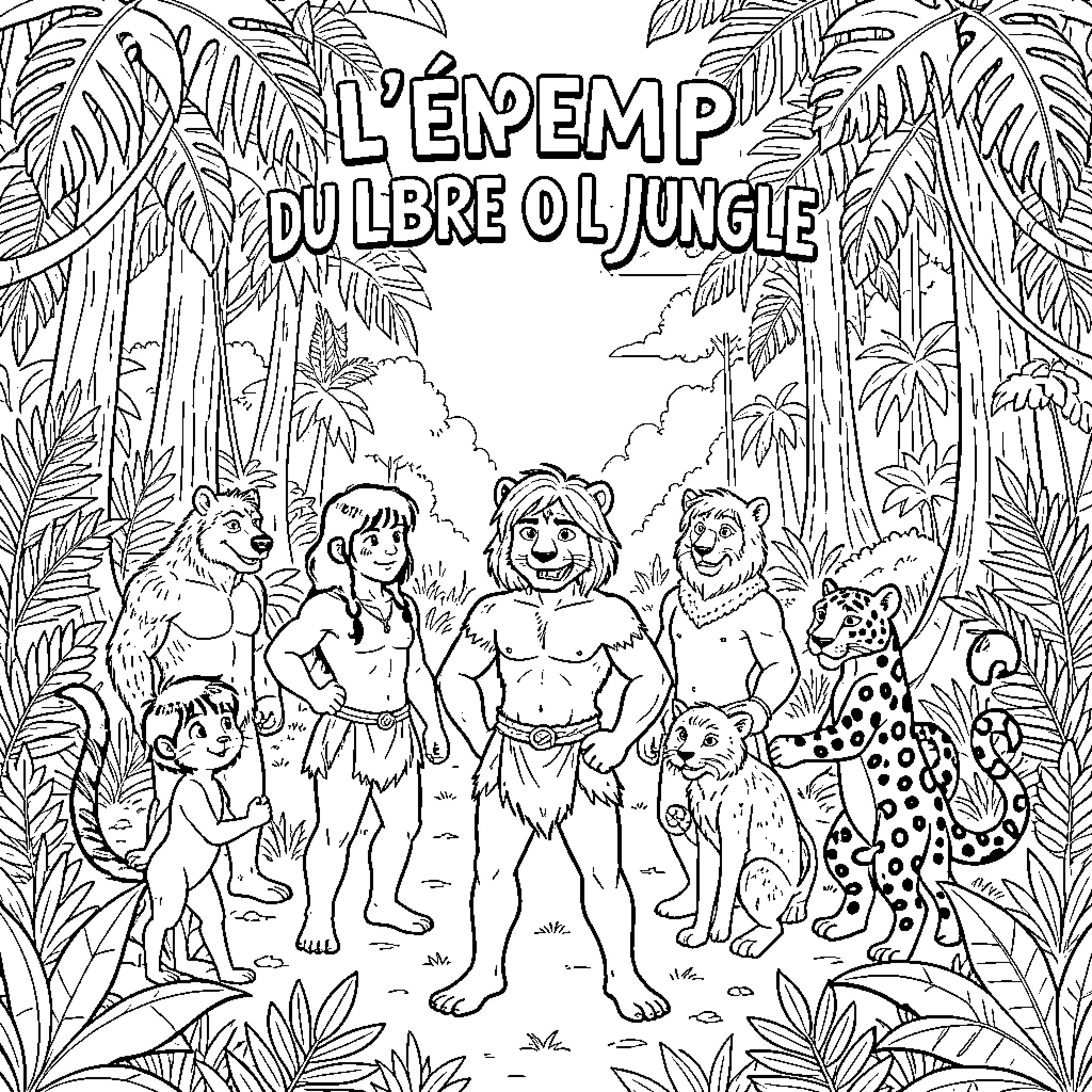 Jungle Book characters standing together in a forest Coloring Page (free black-and-white line drawing printable PDF for all, from beginners to advanced learners, including children, teens, adults, and seniors)
