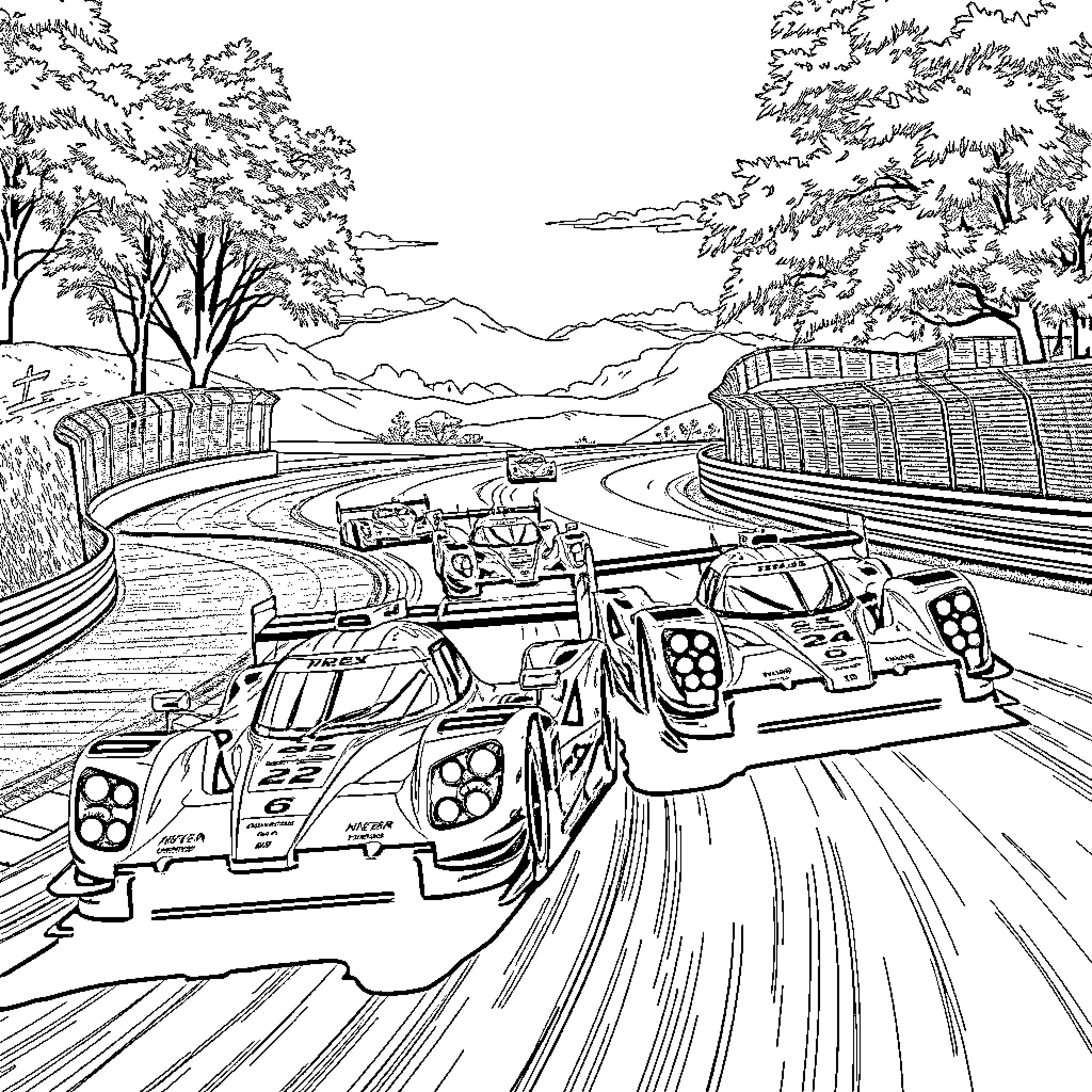 Car Race Through Scenic Mountain Road Coloring Page (free black-and-white line drawing printable PDF for all, from beginners to advanced learners, including children, teens, adults, and seniors)