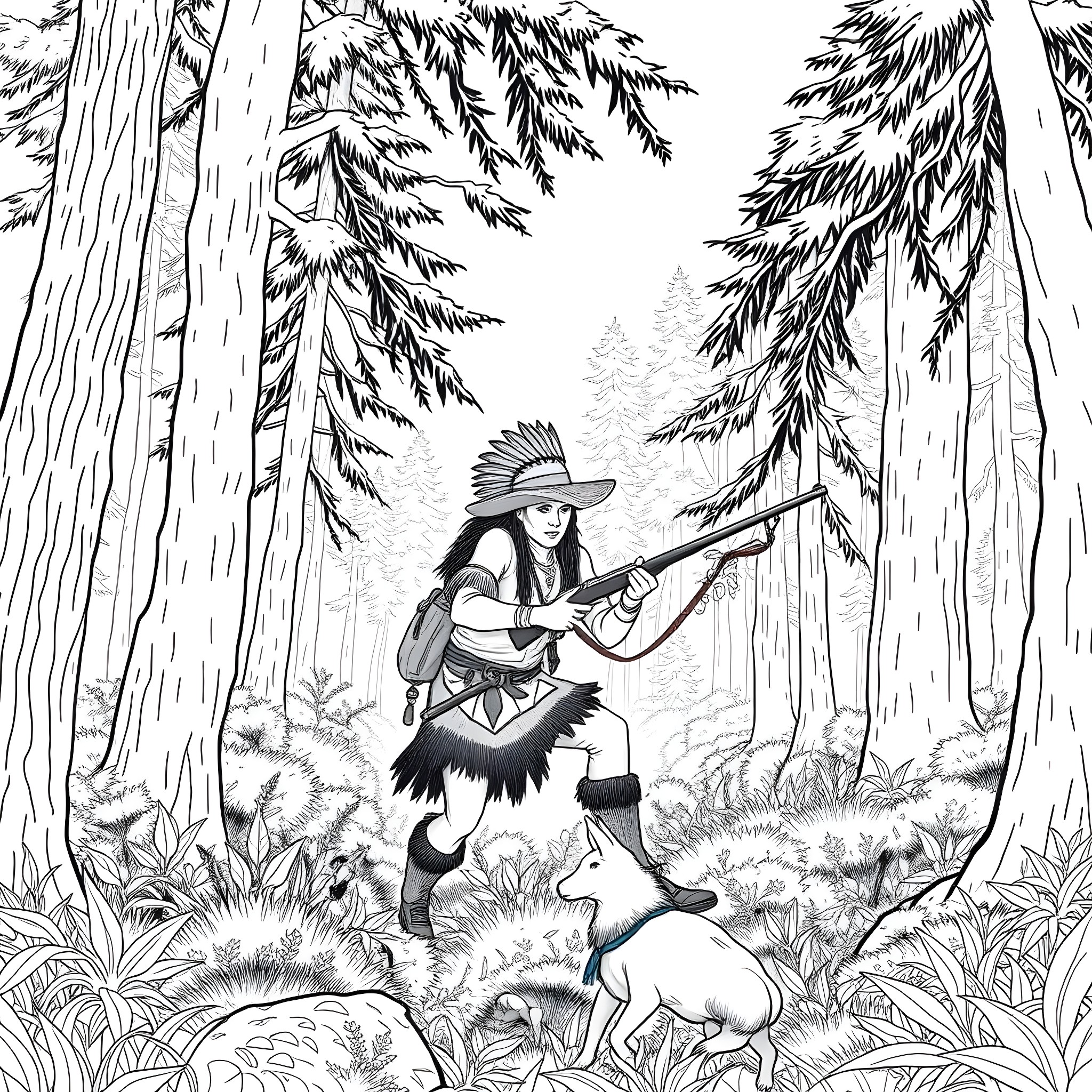 Cherokee Hunter Stalking in the Dense Forest Coloring Page (free black-and-white line drawing printable PDF for all, from beginners to advanced learners, including children, teens, adults, and seniors)