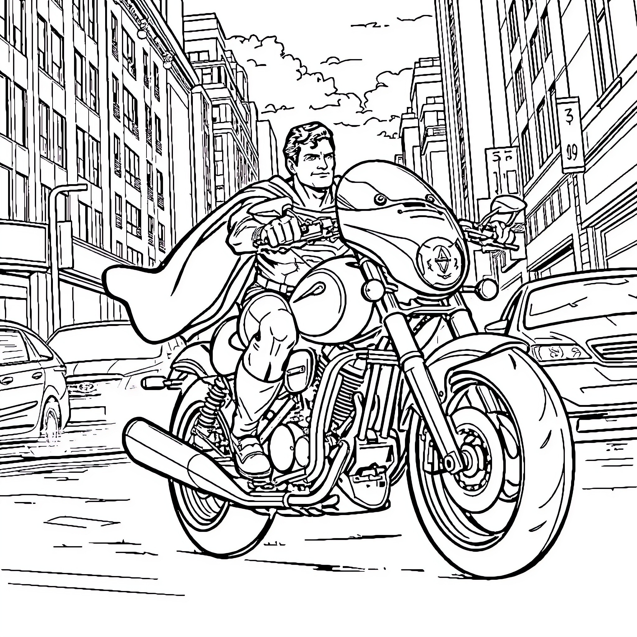 Superman riding a motorcycle through the city Coloring Page (free black-and-white line drawing printable PDF for all, from beginners to advanced learners, including children, teens, adults, and seniors)