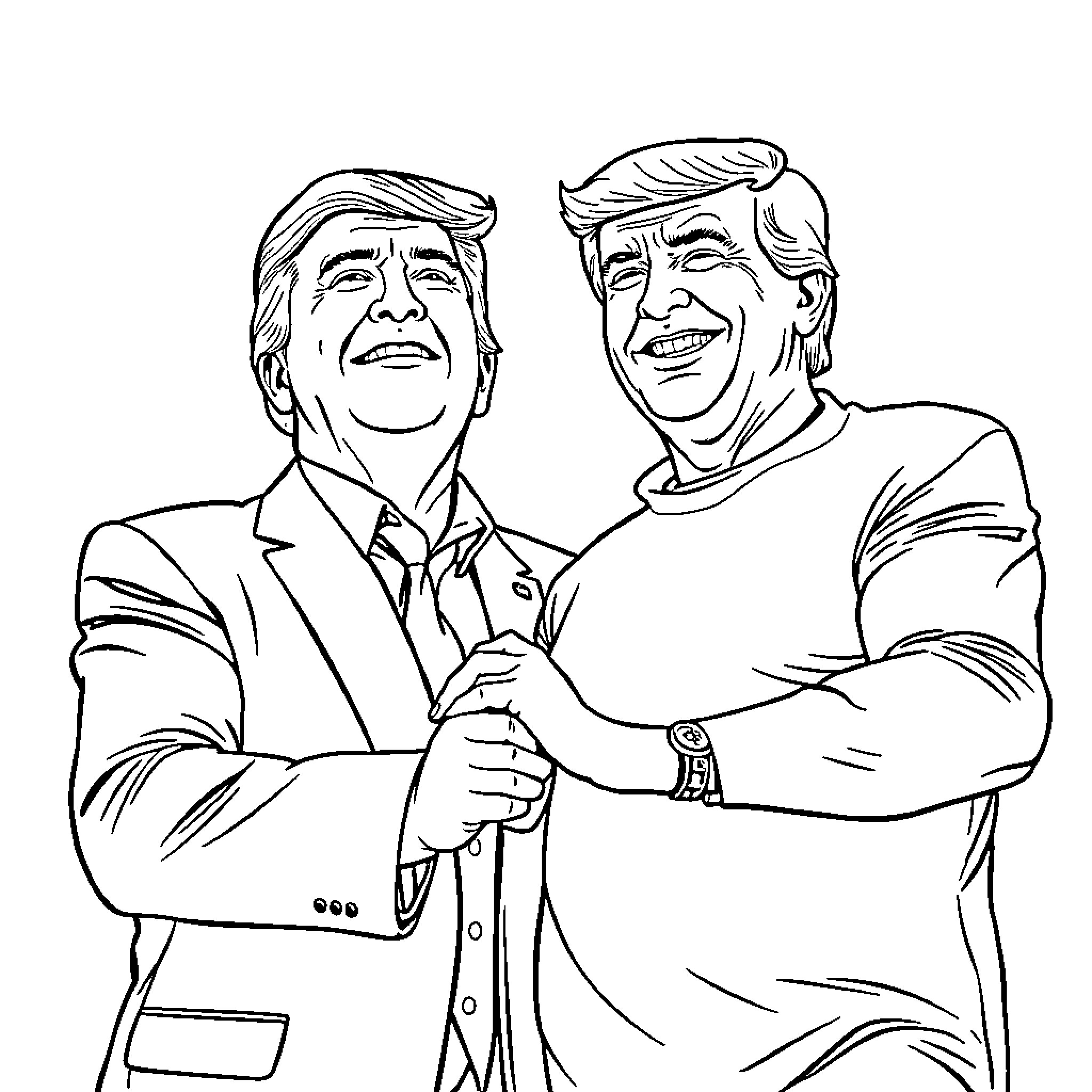 Trump's Celebratory Handshake with Companion Coloring Page (free black-and-white line drawing printable PDF for all, from beginners to advanced learners, including children, teens, adults, and seniors)