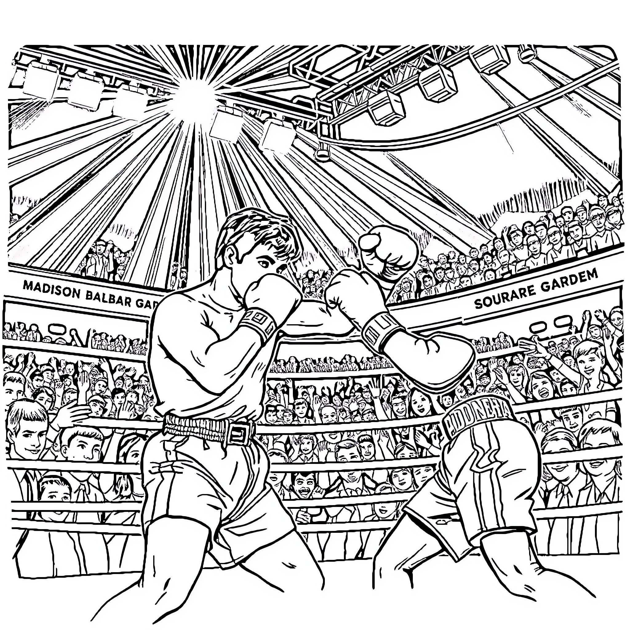 Rocky Battles in the Boxing Ring at Madison Square Garden Coloring Page (free black-and-white line drawing printable PDF for all, from beginners to advanced learners, including children, teens, adults, and seniors)