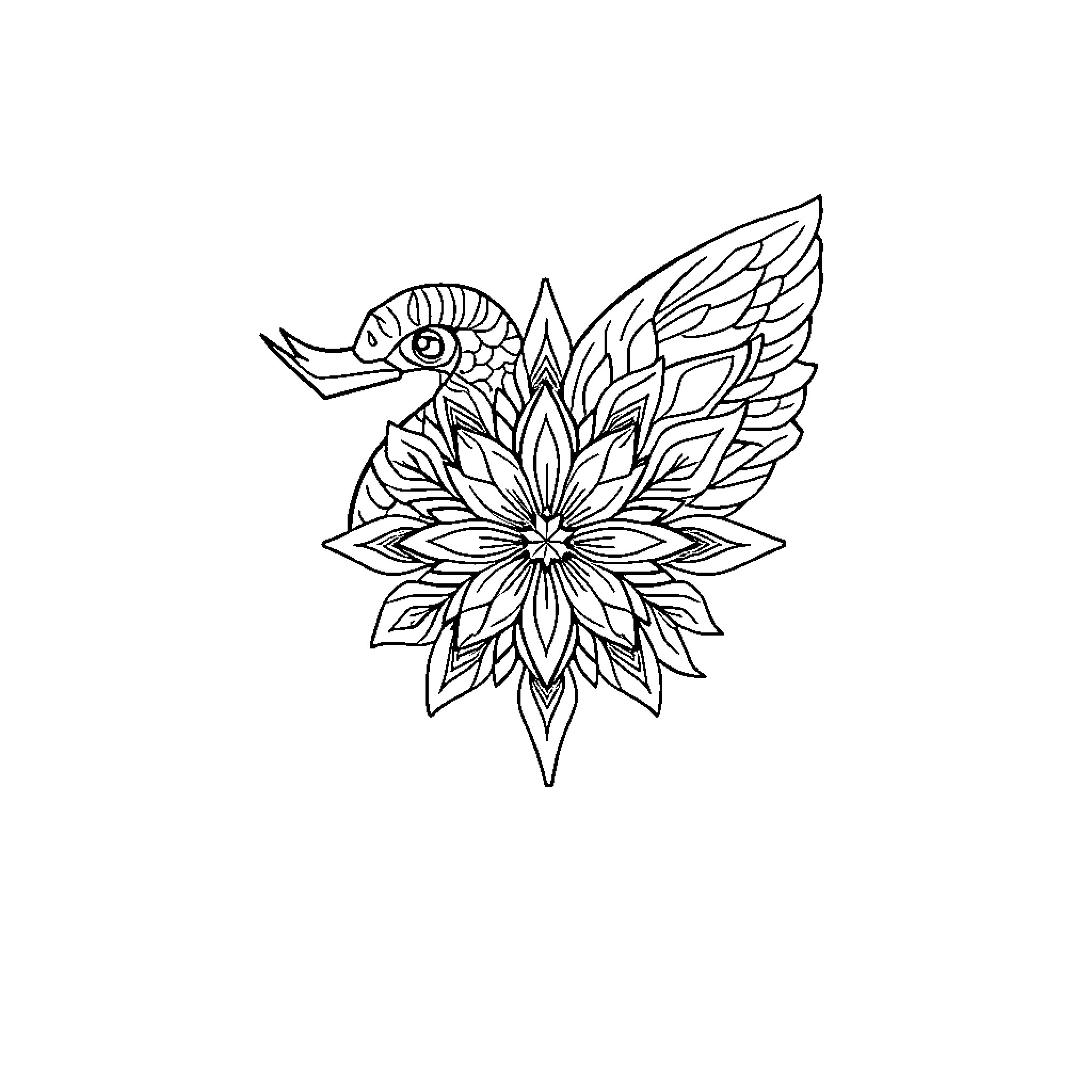 Math Doodle of Floral Bird Design Coloring Page (free black-and-white line drawing printable PDF for all, from beginners to advanced learners, including children, teens, adults, and seniors)