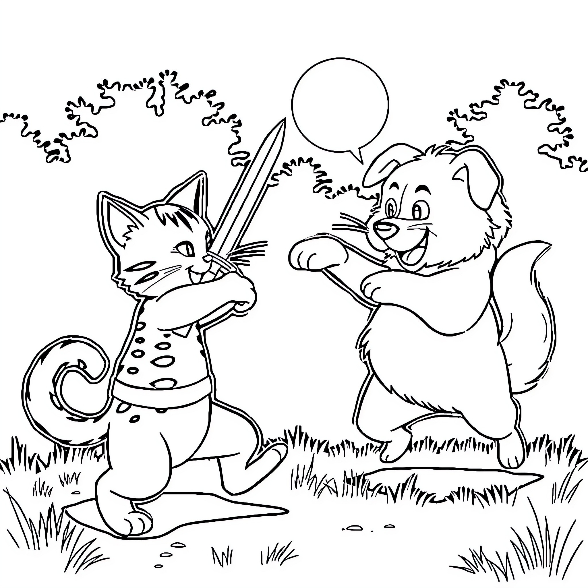 Cat and Dog Frolicking in the Outdoors Coloring Page (free black-and-white line drawing printable PDF for all, from beginners to advanced learners, including children, teens, adults, and seniors)