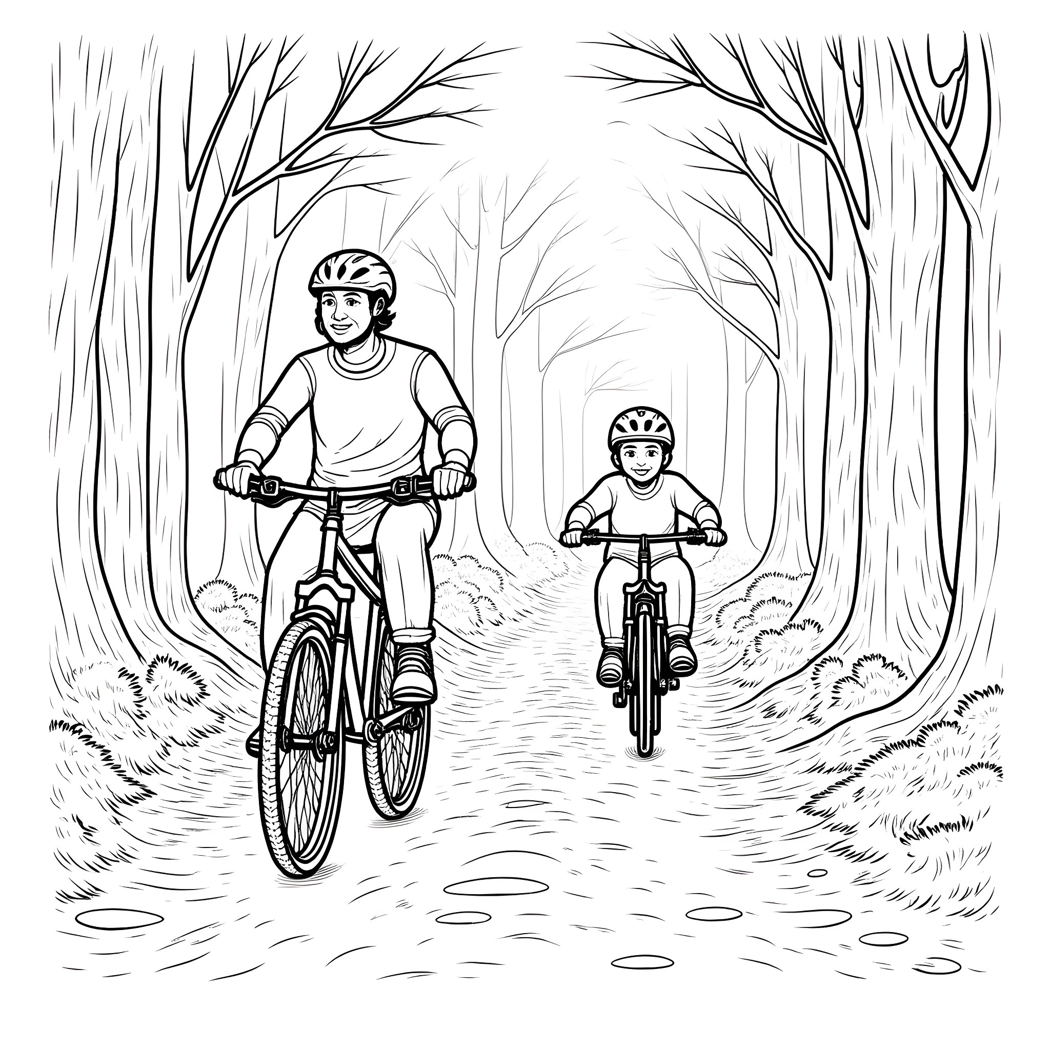 Father and Son Bike Ride through the Woods Coloring Page (free black-and-white line drawing printable PDF for all, from beginners to advanced learners, including children, teens, adults, and seniors)