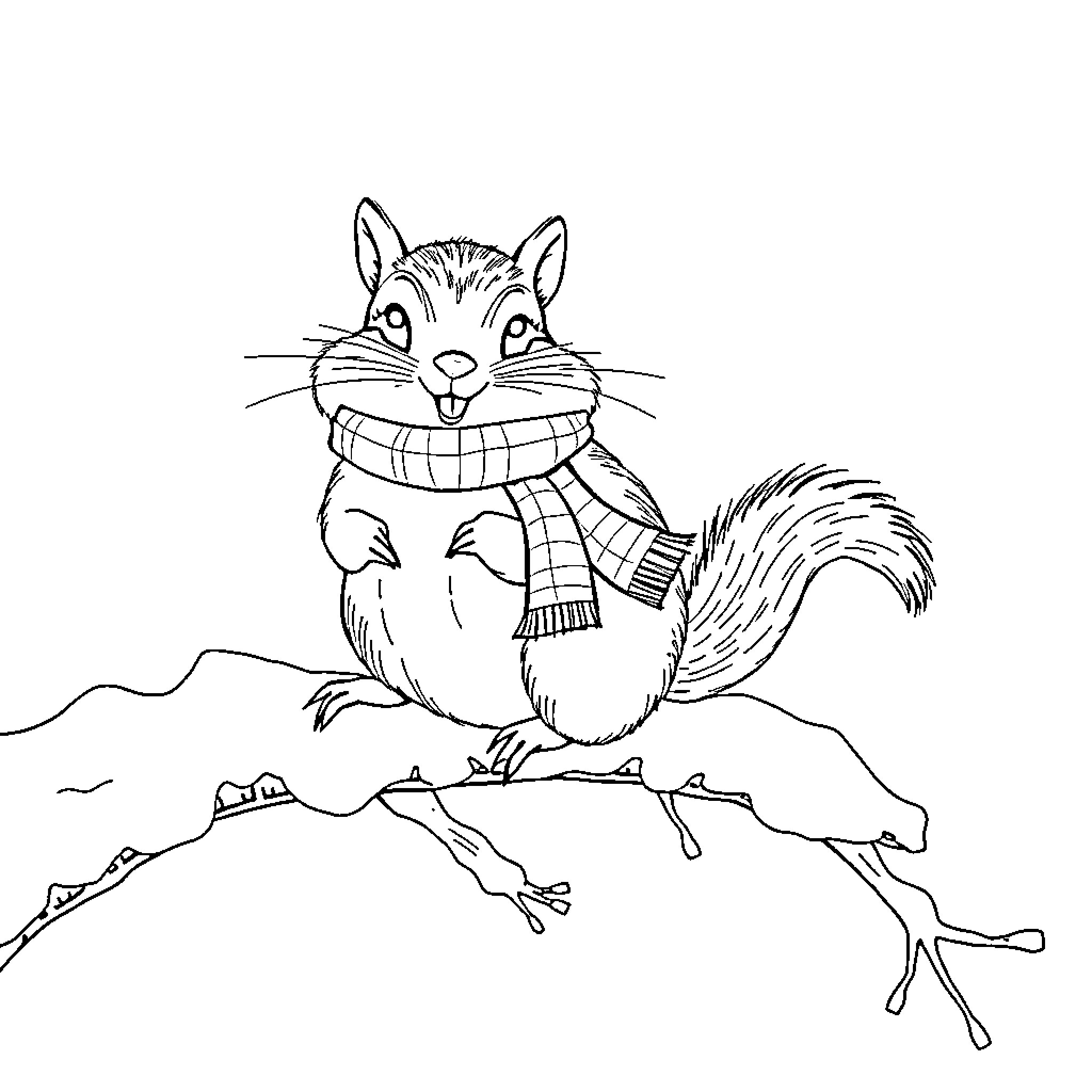 Chipmunk wearing a cozy scarf on a snowy branch Coloring Page (free black-and-white line drawing printable PDF for all, from beginners to advanced learners, including children, teens, adults, and seniors)