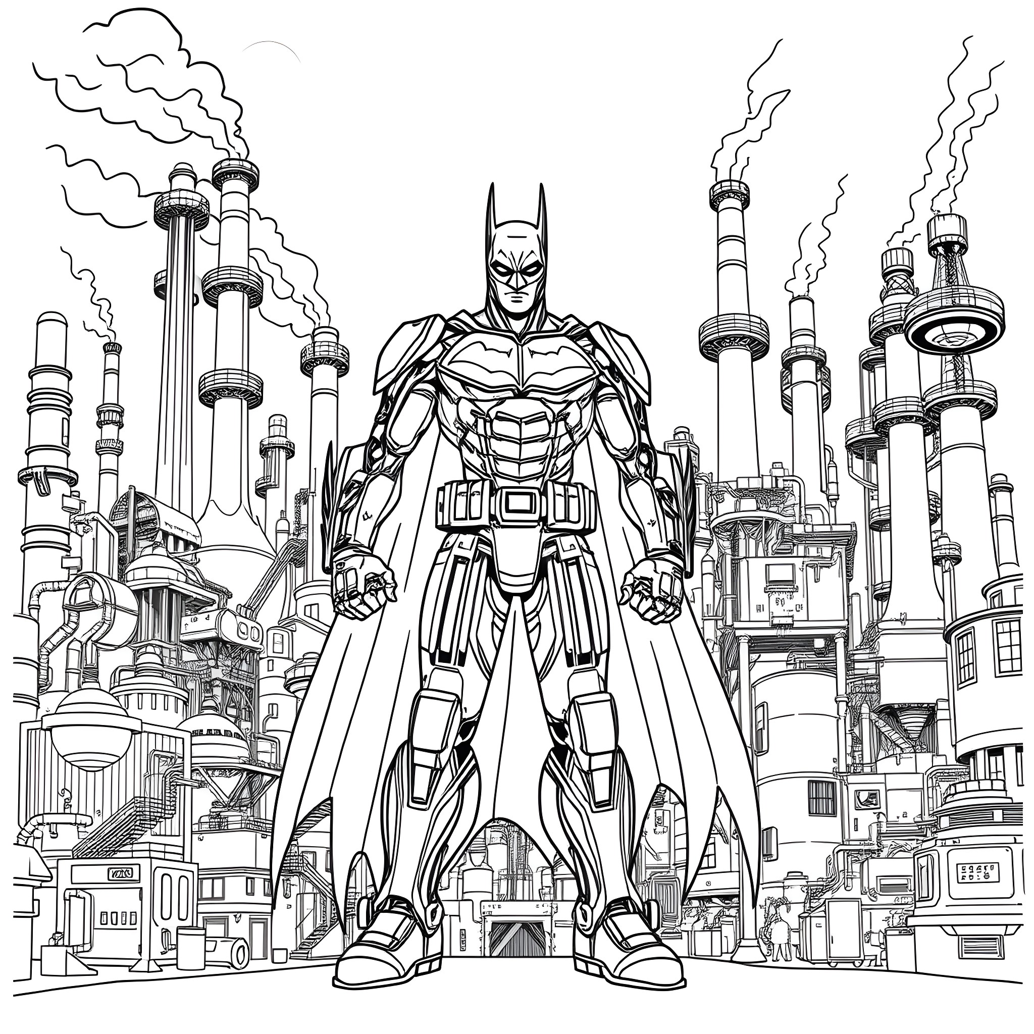 Cyborg Batman Facing Futuristic Cityscape Coloring Page (free black-and-white line drawing printable PDF for all, from beginners to advanced learners, including children, teens, adults, and seniors)