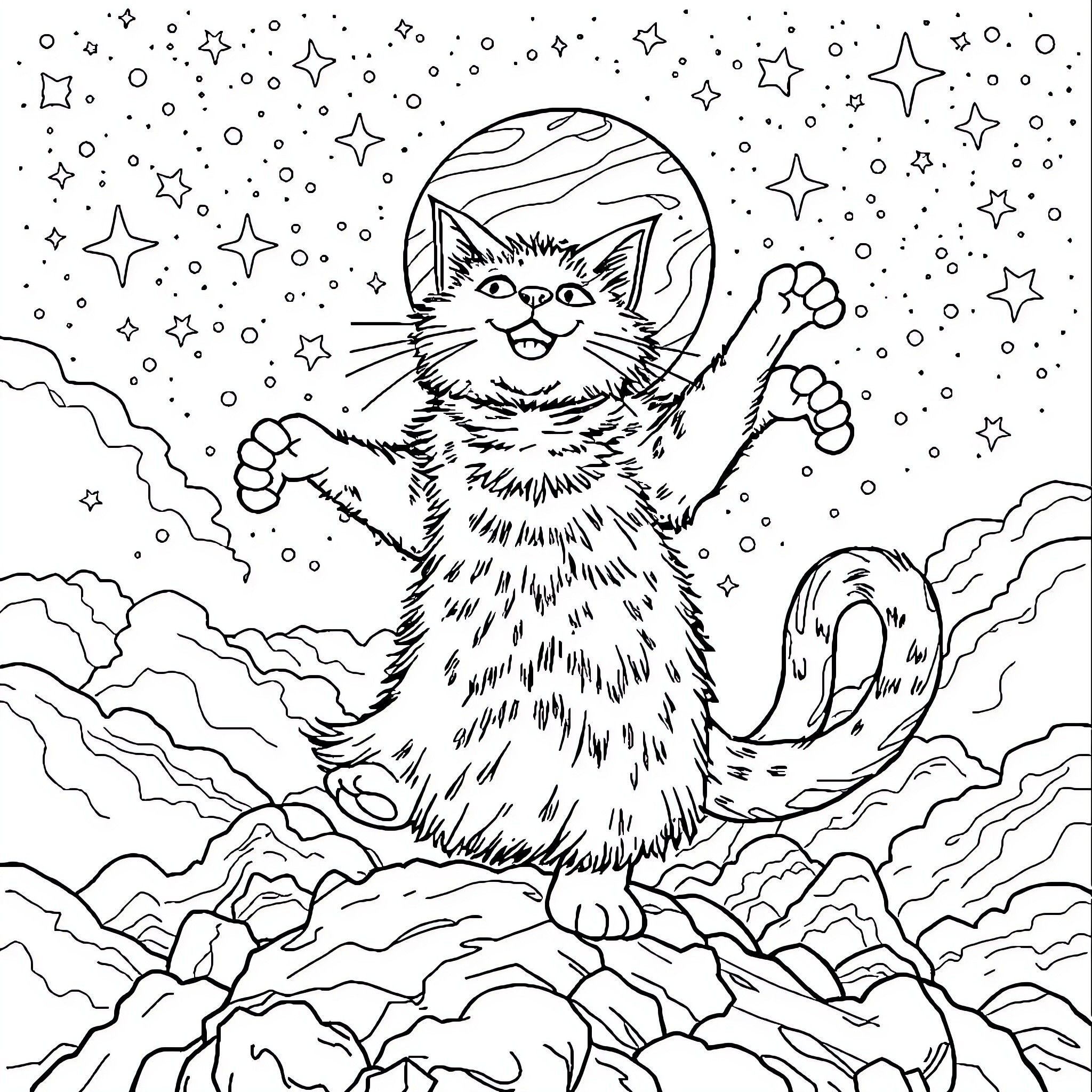 Gato exploring the wondrous cosmos Coloring Page (free black-and-white line drawing printable PDF for all, from beginners to advanced learners, including children, teens, adults, and seniors)