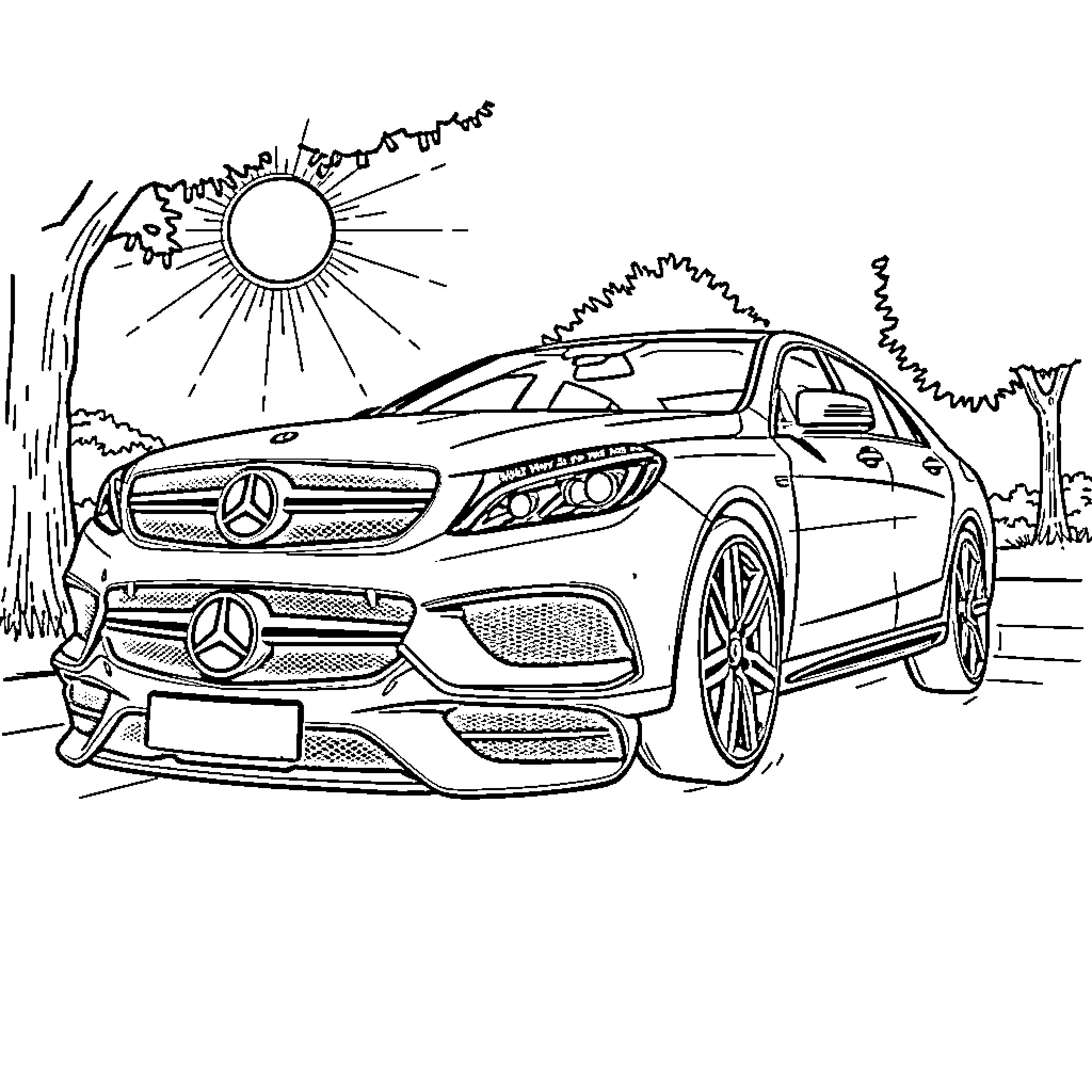 W220 Mercedes-Benz car in scenic landscape Coloring Page (free black-and-white line drawing printable PDF for all, from beginners to advanced learners, including children, teens, adults, and seniors)