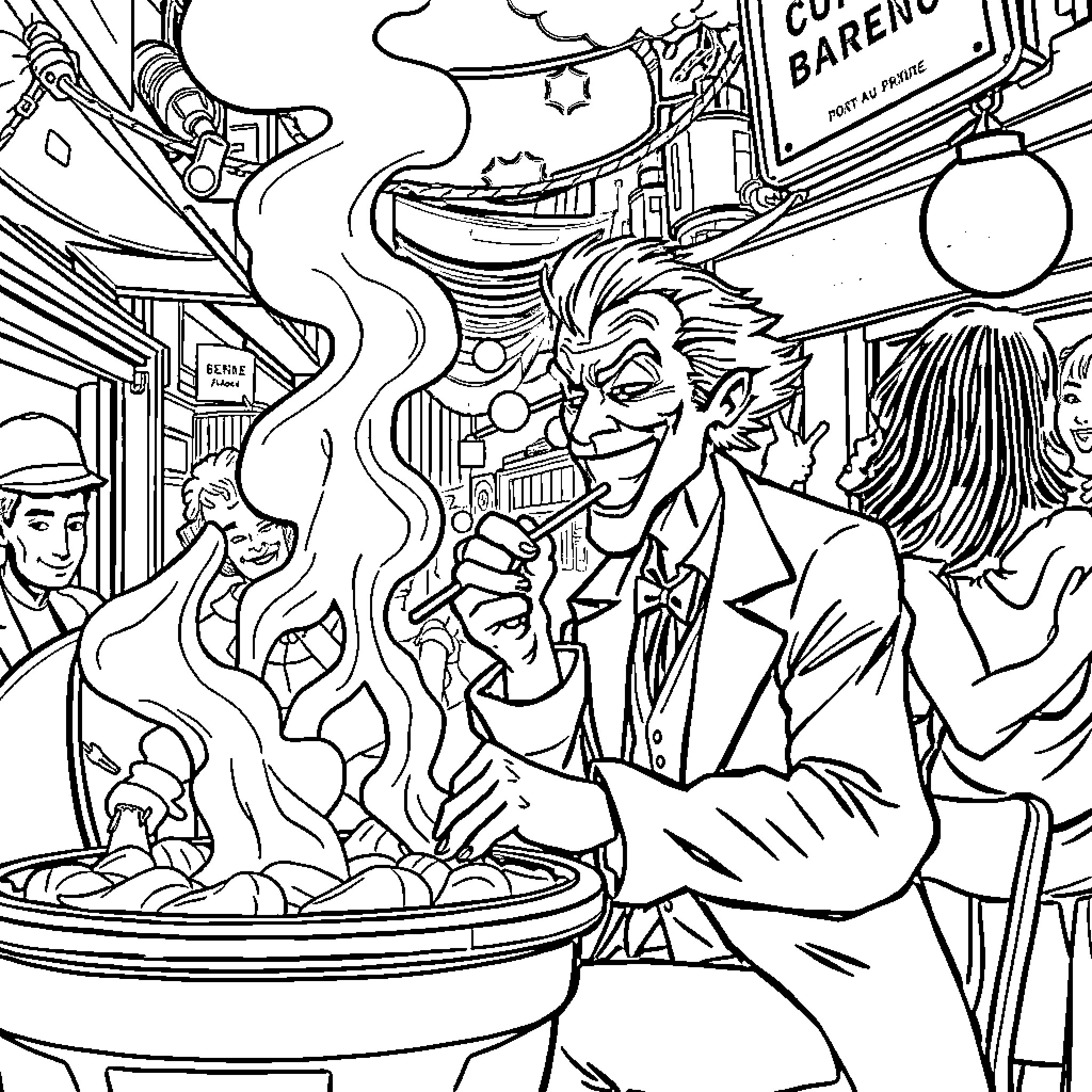 Joker Brewing Chaos in the City Coloring Page (free black-and-white line drawing printable PDF for all, from beginners to advanced learners, including children, teens, adults, and seniors)