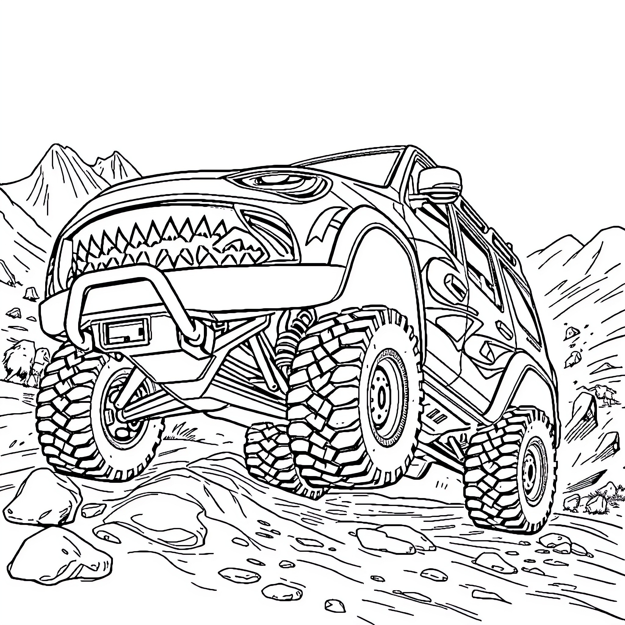 Shark-shaped off-road vehicle racing through rugged terrain Coloring Page (free black-and-white line drawing printable PDF for all, from beginners to advanced learners, including children, teens, adults, and seniors)