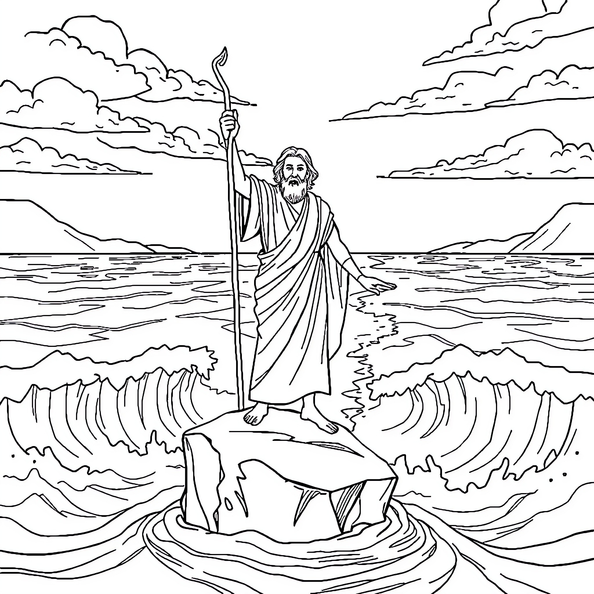Moses parts the Red Sea with his staff Coloring Page (free black-and-white line drawing printable PDF for all, from beginners to advanced learners, including children, teens, adults, and seniors)