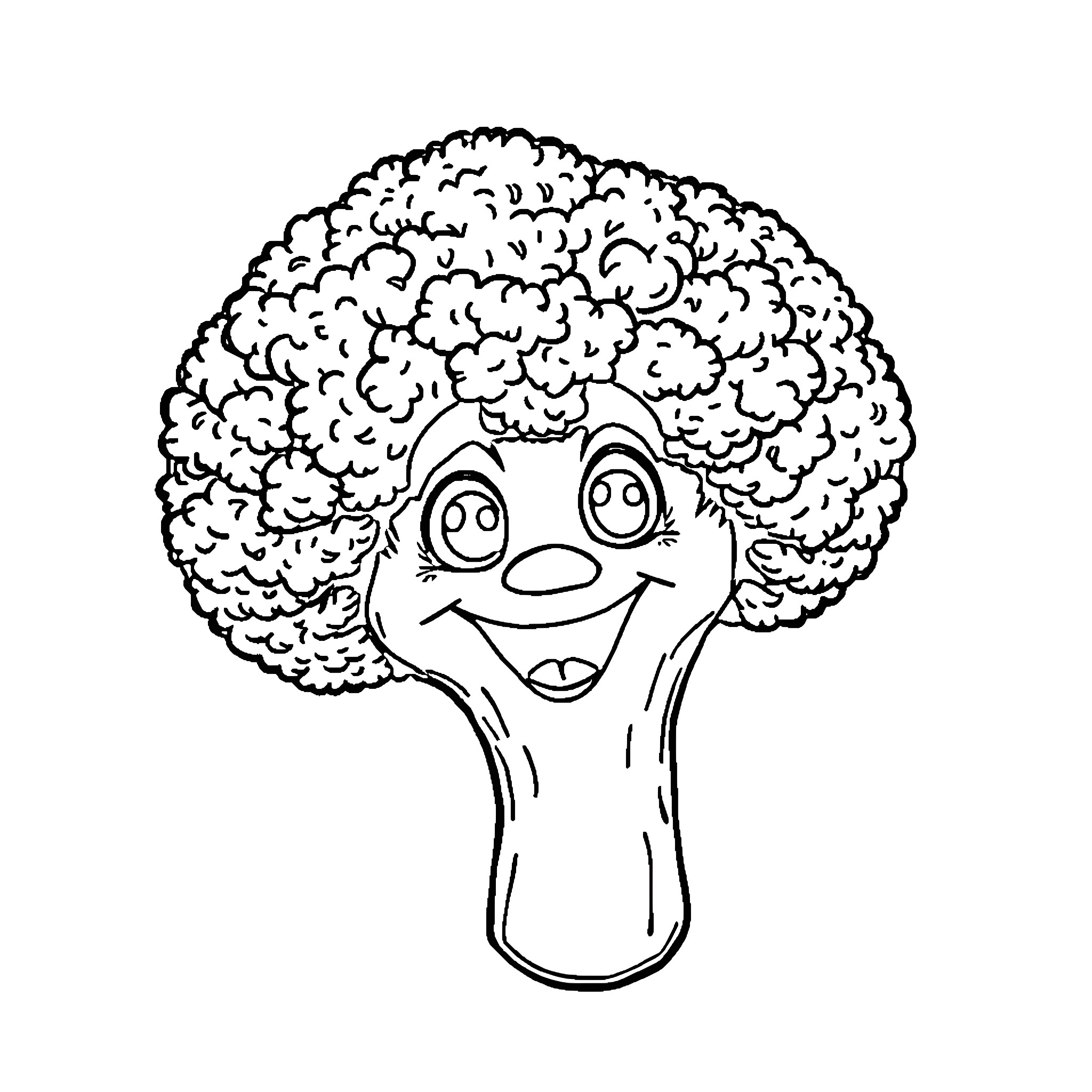 Broccoli character expressing happiness Coloring Page (free black-and-white line drawing printable PDF for all, from beginners to advanced learners, including children, teens, adults, and seniors)