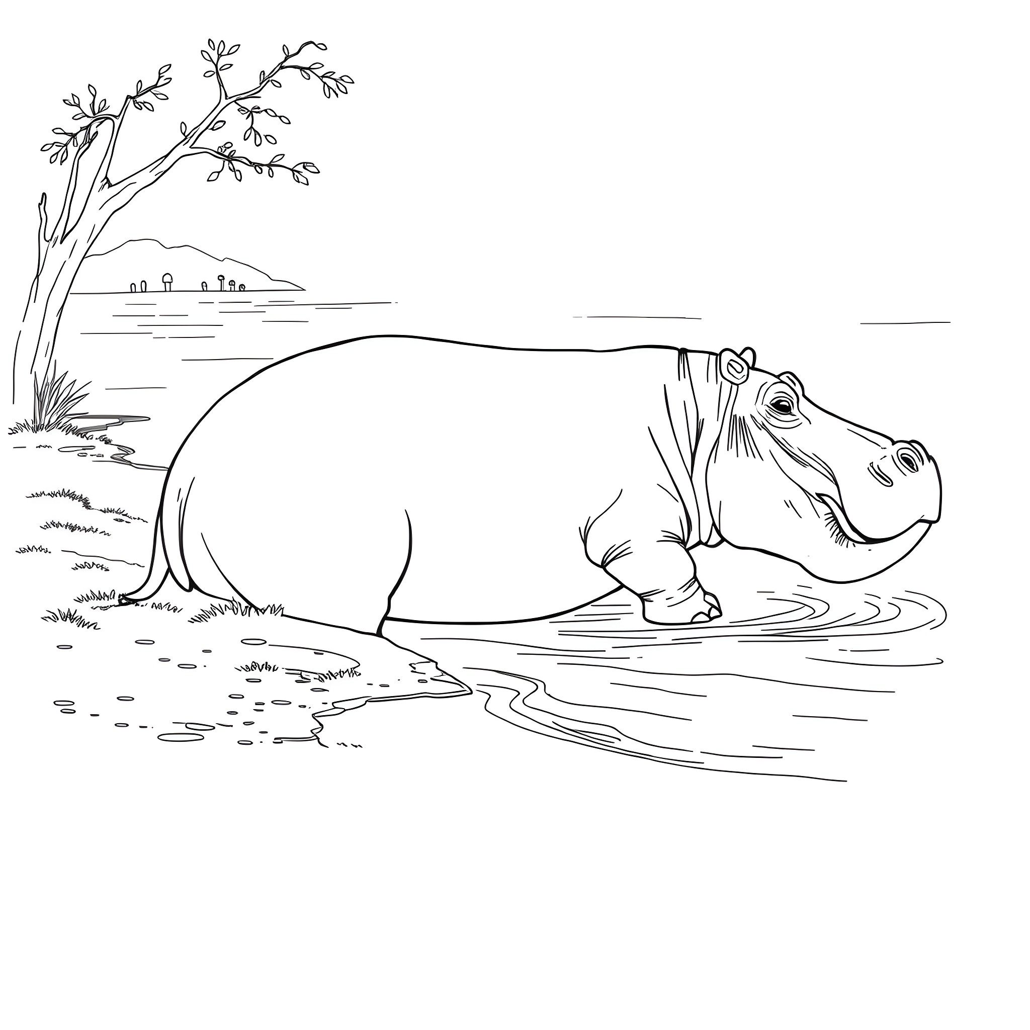 Hippopotamus relaxing in the river Coloring Page (free black-and-white line drawing printable PDF for all, from beginners to advanced learners, including children, teens, adults, and seniors)