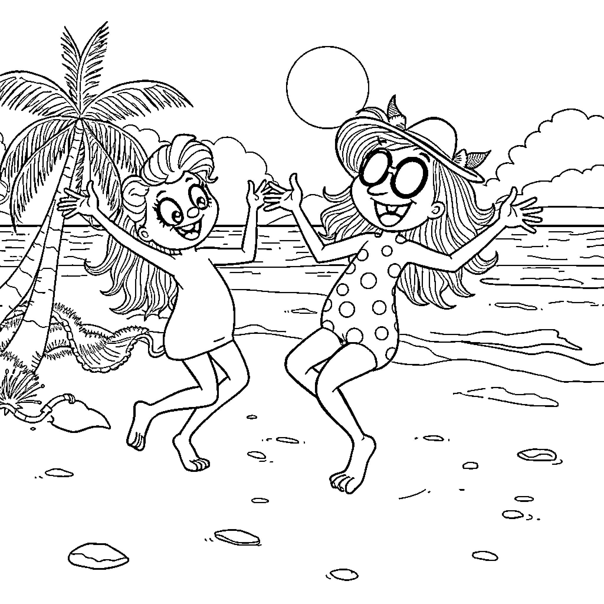 Huntrix's Tropical Beach Dance Party Coloring Page (free black-and-white line drawing printable PDF for all, from beginners to advanced learners, including children, teens, adults, and seniors)