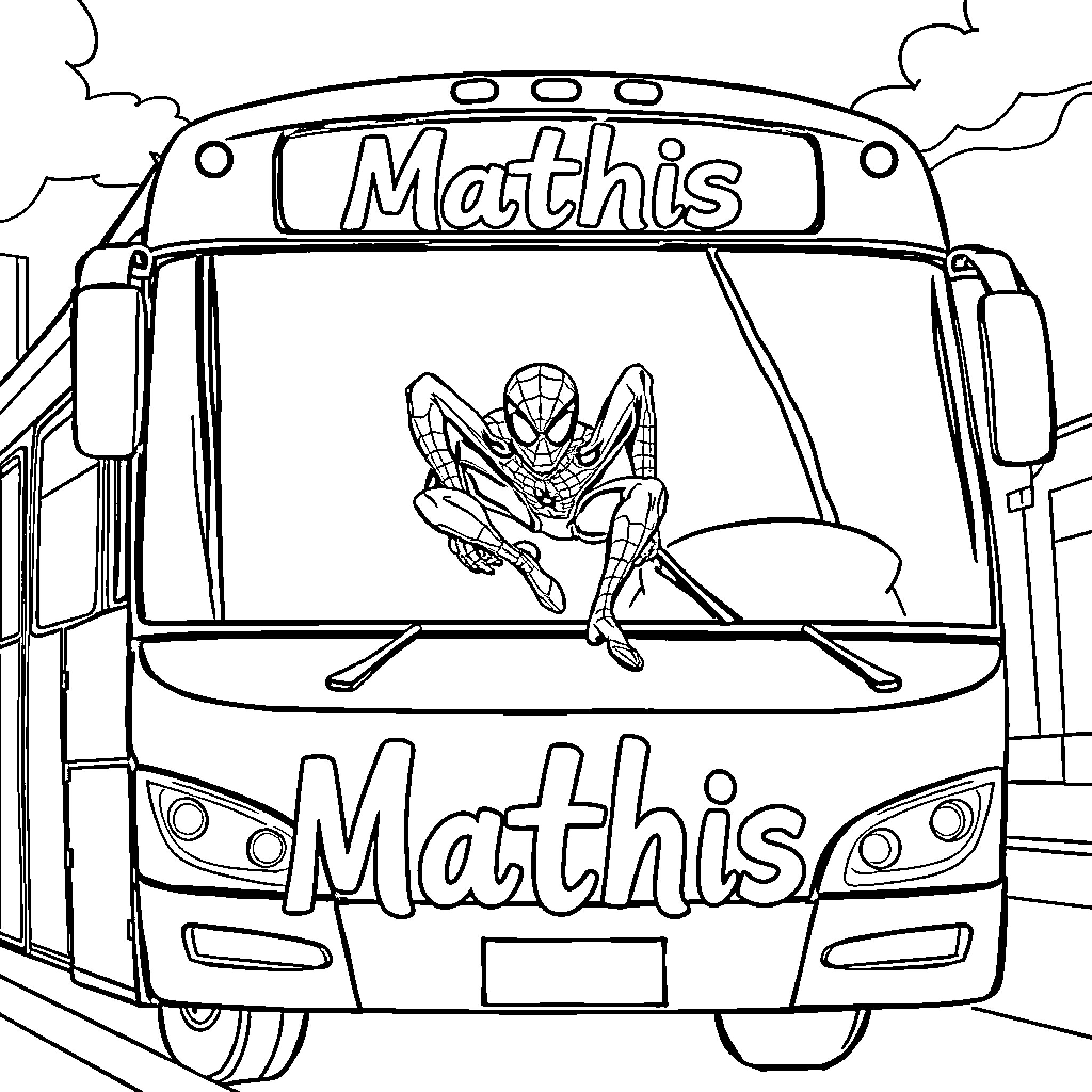 Spider-Man swinging on a school bus Coloring Page (free black-and-white line drawing printable PDF for all, from beginners to advanced learners, including children, teens, adults, and seniors)