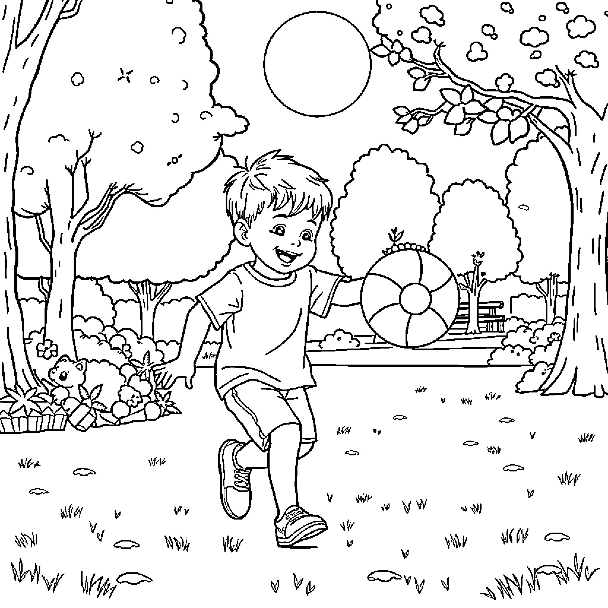 Boy playing joyfully in the nature scene Coloring Page (free black-and-white line drawing printable PDF for all, from beginners to advanced learners, including children, teens, adults, and seniors)
