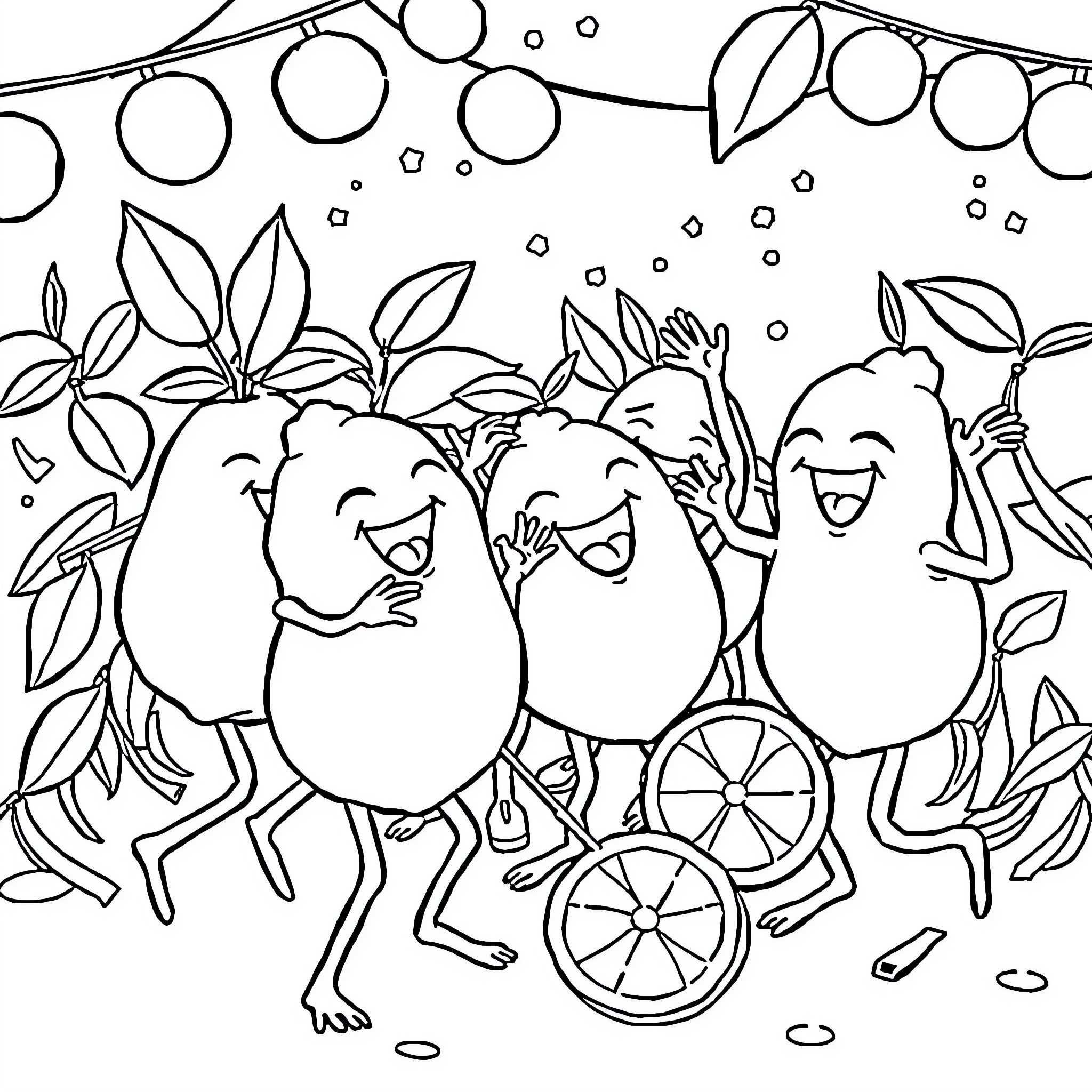 Lemon characters having a cheerful gathering Coloring Page (free black-and-white line drawing printable PDF for all, from beginners to advanced learners, including children, teens, adults, and seniors)