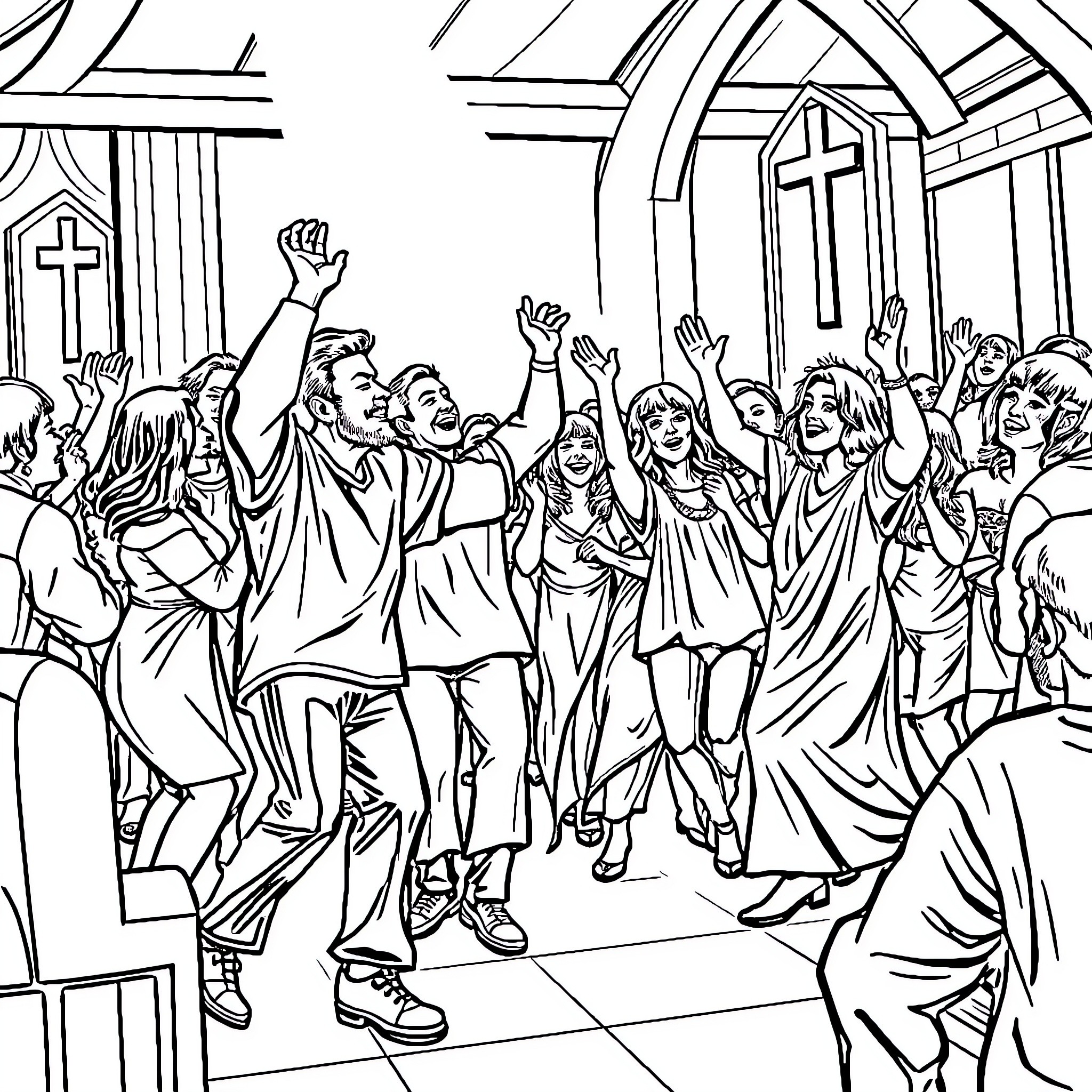 Holy Roller: Energetic Worship in the Church Coloring Page (free black-and-white line drawing printable PDF for all, from beginners to advanced learners, including children, teens, adults, and seniors)