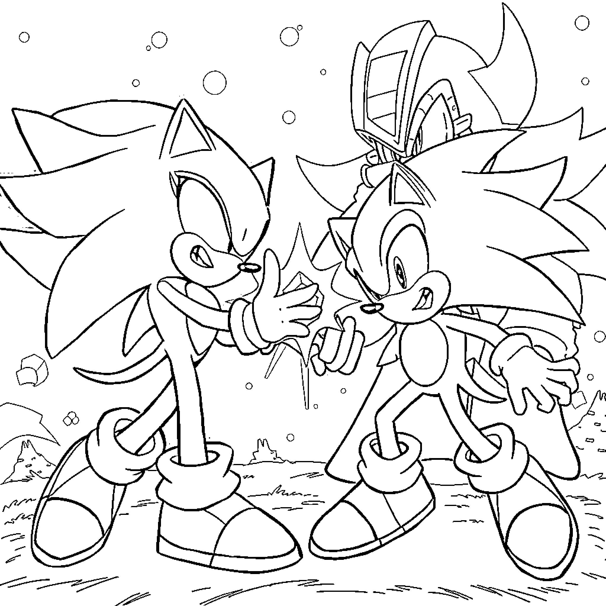 Sonic and friends in an adventurous winter scene Coloring Page (free black-and-white line drawing printable PDF for all, from beginners to advanced learners, including children, teens, adults, and seniors)