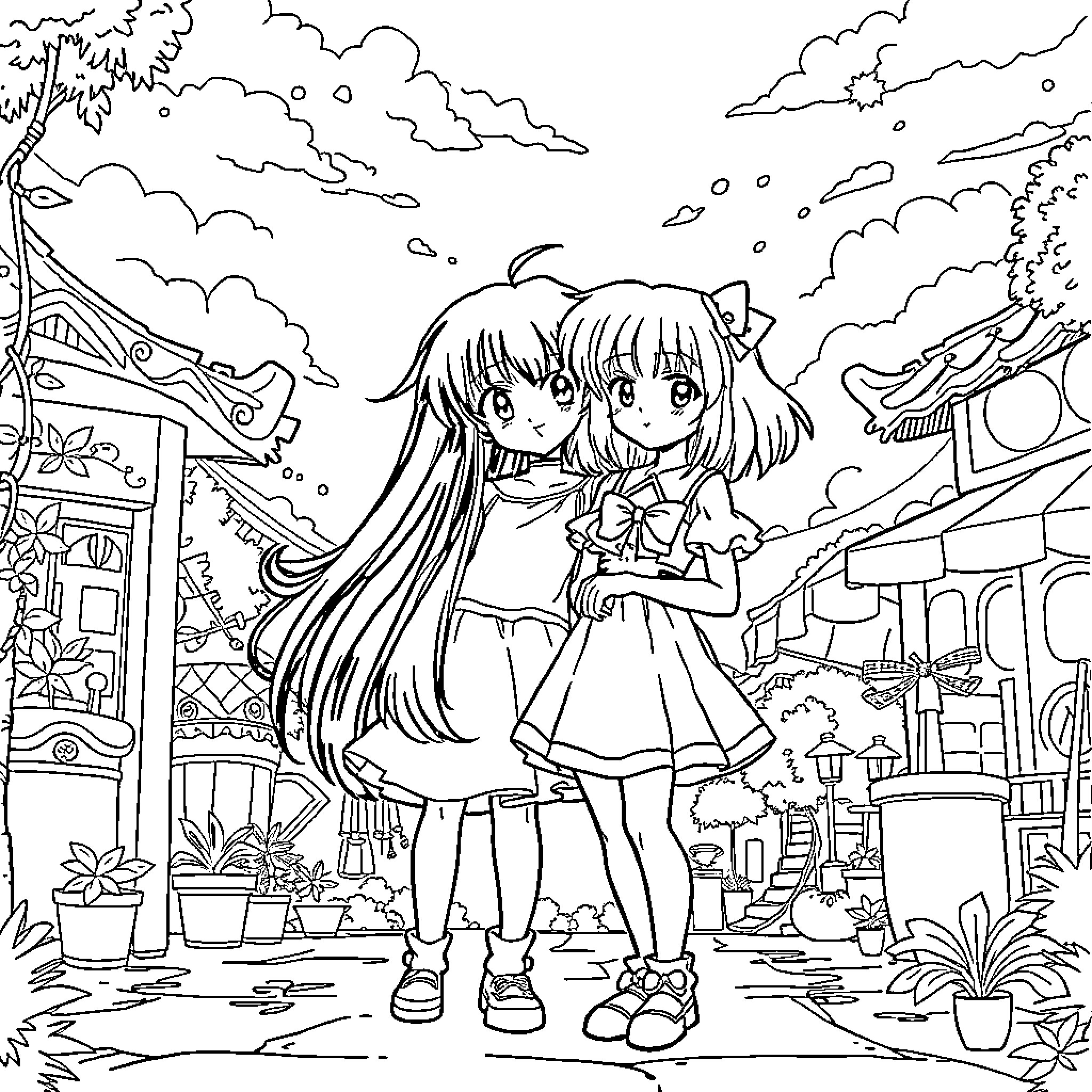 Ranma and Akane in a lively scene Coloring Page (free black-and-white line drawing printable PDF for all, from beginners to advanced learners, including children, teens, adults, and seniors)