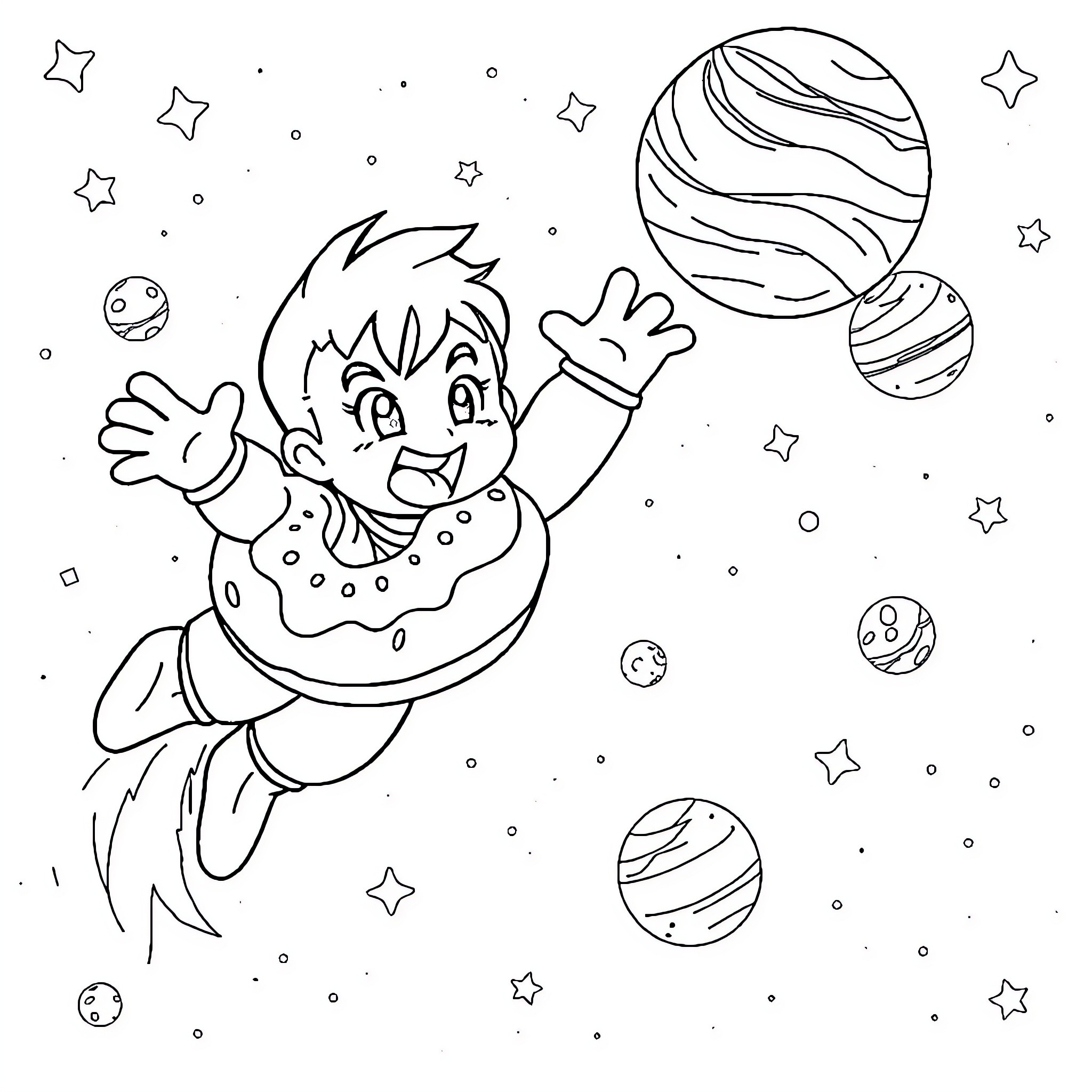 Kid Buu exploring the cosmic space Coloring Page (free black-and-white line drawing printable PDF for all, from beginners to advanced learners, including children, teens, adults, and seniors)
