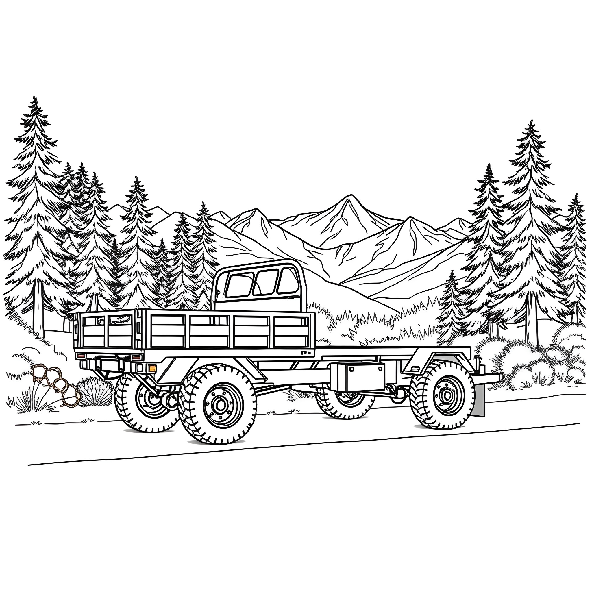 Car Trailer Transporting Equipment in Mountainous Terrain Coloring Page (free black-and-white line drawing printable PDF for all, from beginners to advanced learners, including children, teens, adults, and seniors)