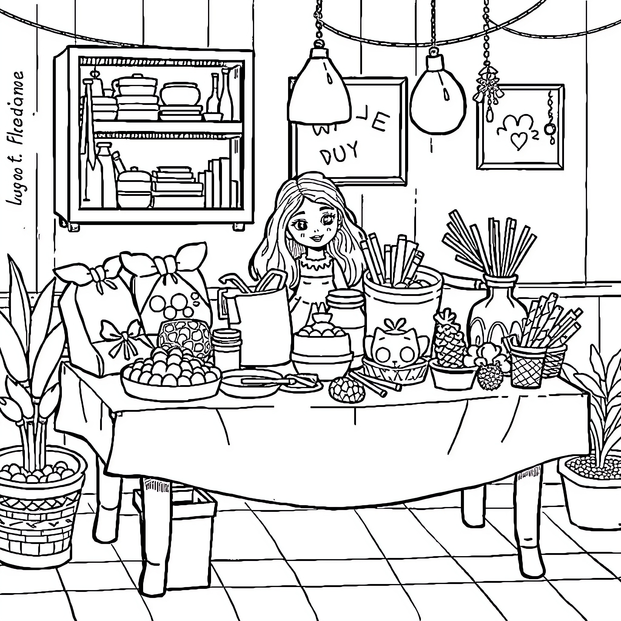Bobbie's Crafty Creations and Cozy Corner Coloring Page (free black-and-white line drawing printable PDF for all, from beginners to advanced learners, including children, teens, adults, and seniors)
