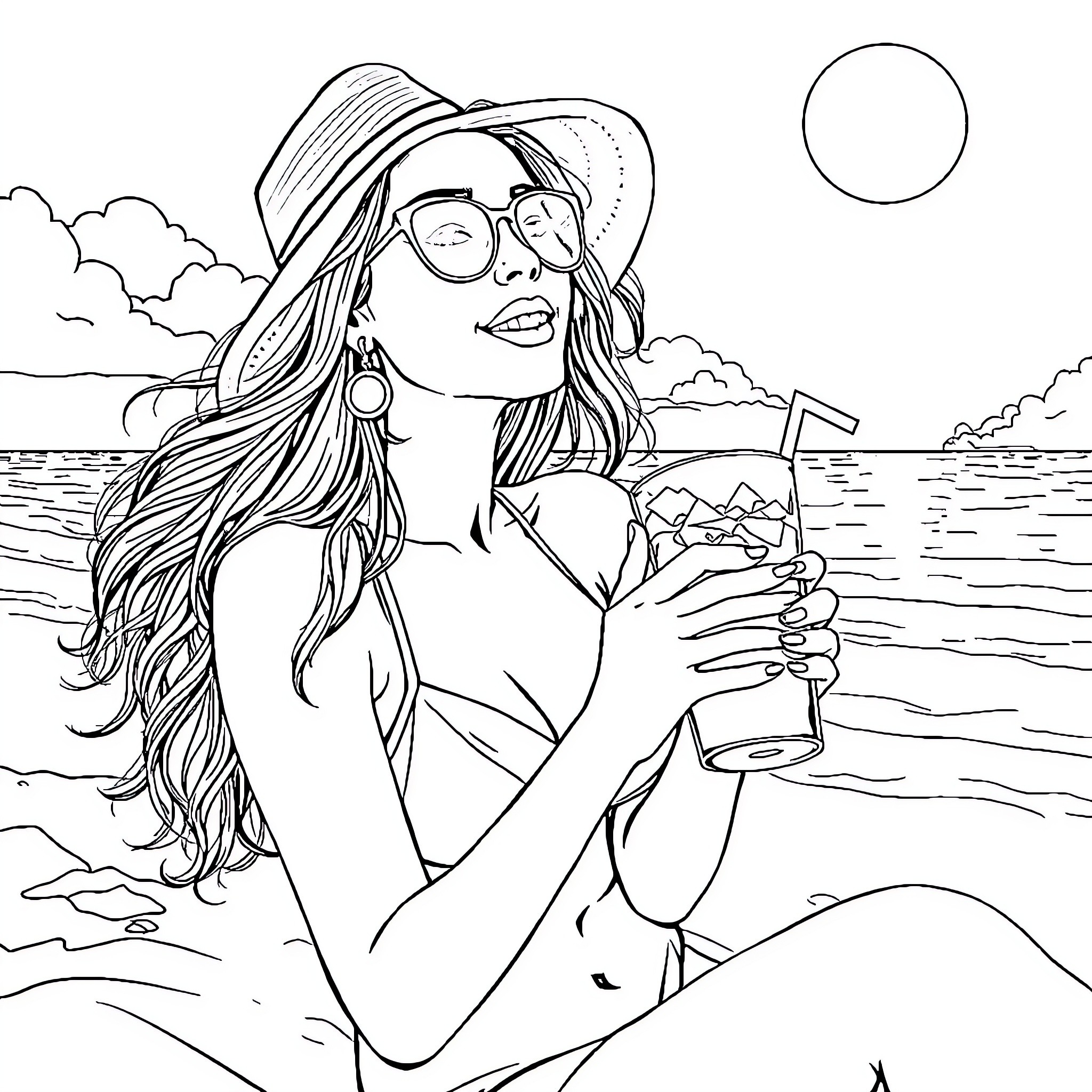 Wonder Woman enjoying a refreshing drink on the beach Coloring Page (free black-and-white line drawing printable PDF for all, from beginners to advanced learners, including children, teens, adults, and seniors)