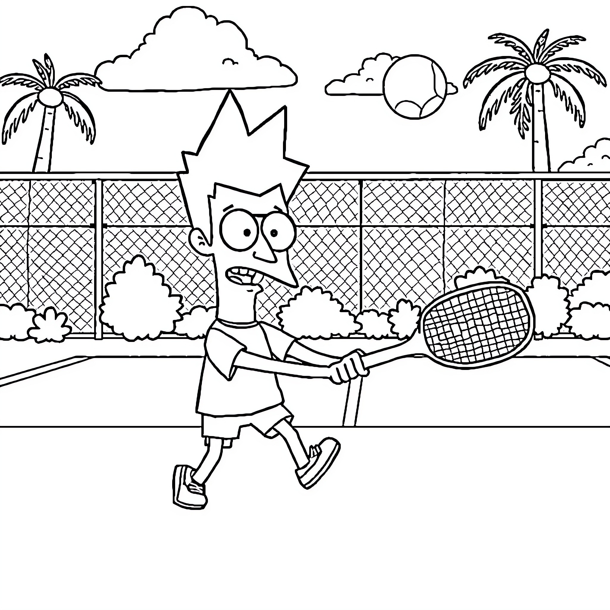 Bob playing tennis in a tropical setting Coloring Page (free black-and-white line drawing printable PDF for all, from beginners to advanced learners, including children, teens, adults, and seniors)