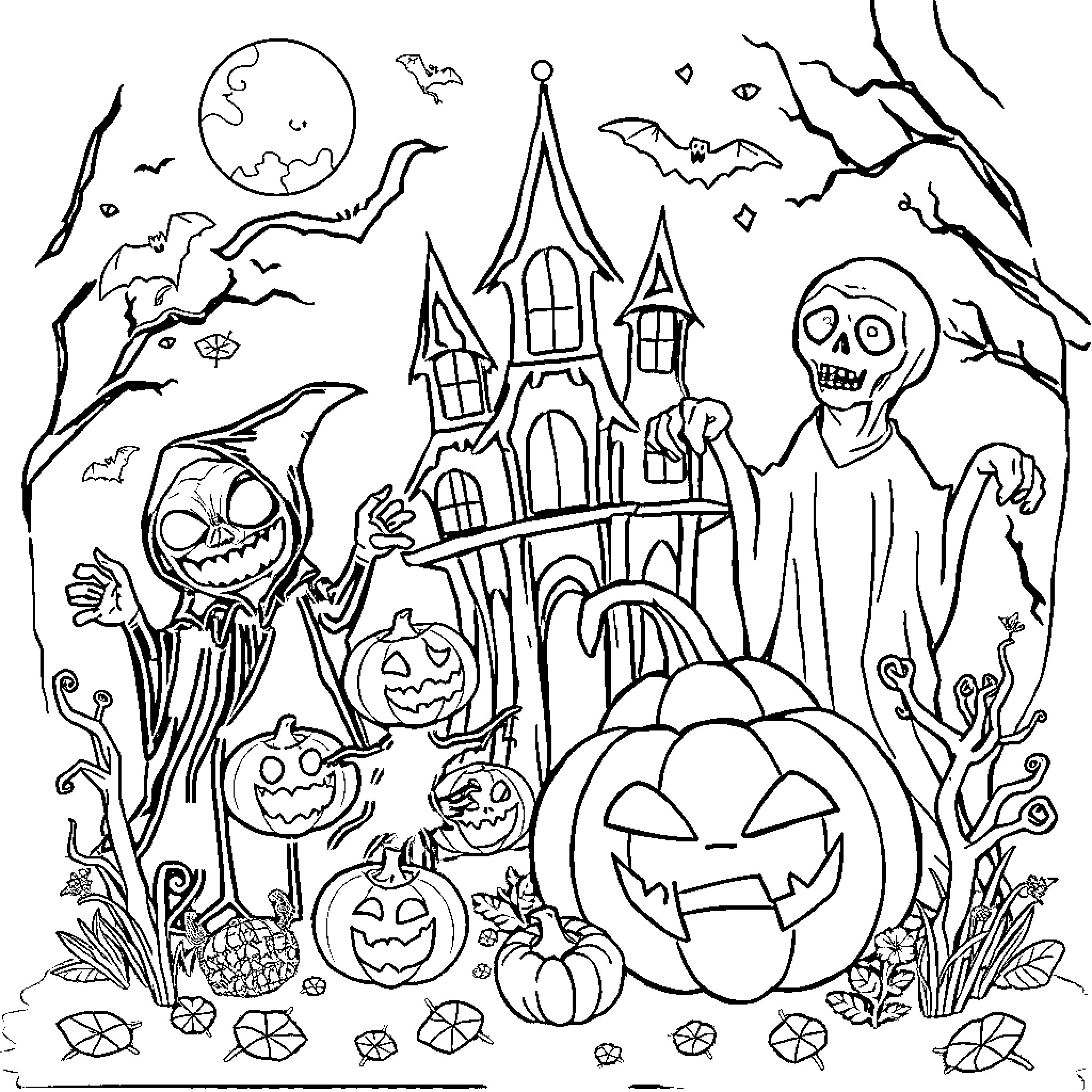 Halloween Haunted House and Spooky Creatures Coloring Page (free black-and-white line drawing printable PDF for all, from beginners to advanced learners, including children, teens, adults, and seniors)