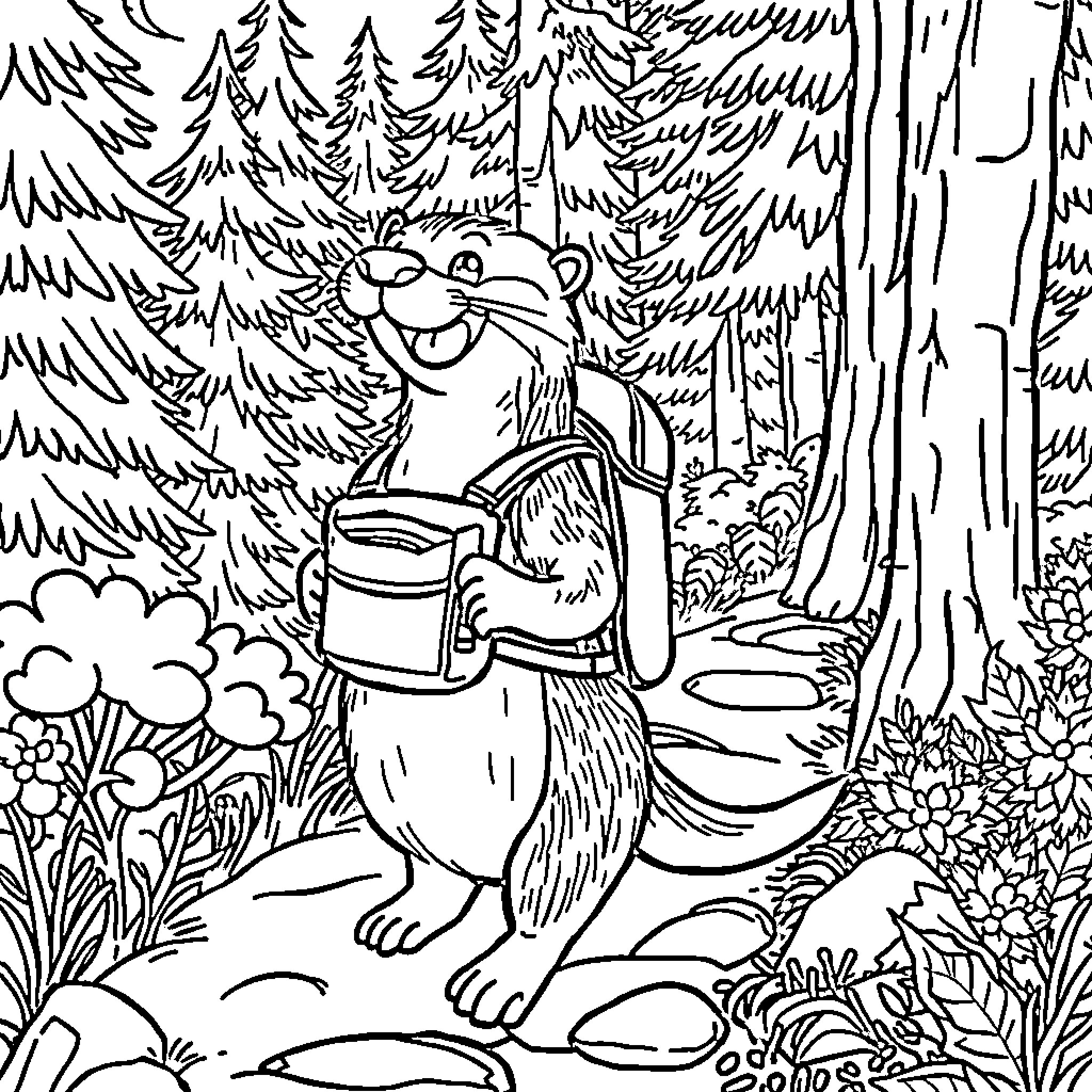 Otter hiking in the forest with backpack Coloring Page (free black-and-white line drawing printable PDF for all, from beginners to advanced learners, including children, teens, adults, and seniors)
