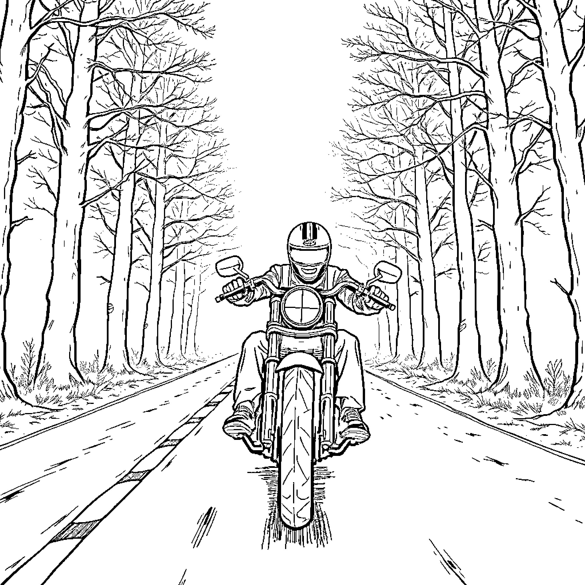 Harley Davidson Rider Speeding Through Forest Coloring Page (free black-and-white line drawing printable PDF for all, from beginners to advanced learners, including children, teens, adults, and seniors)