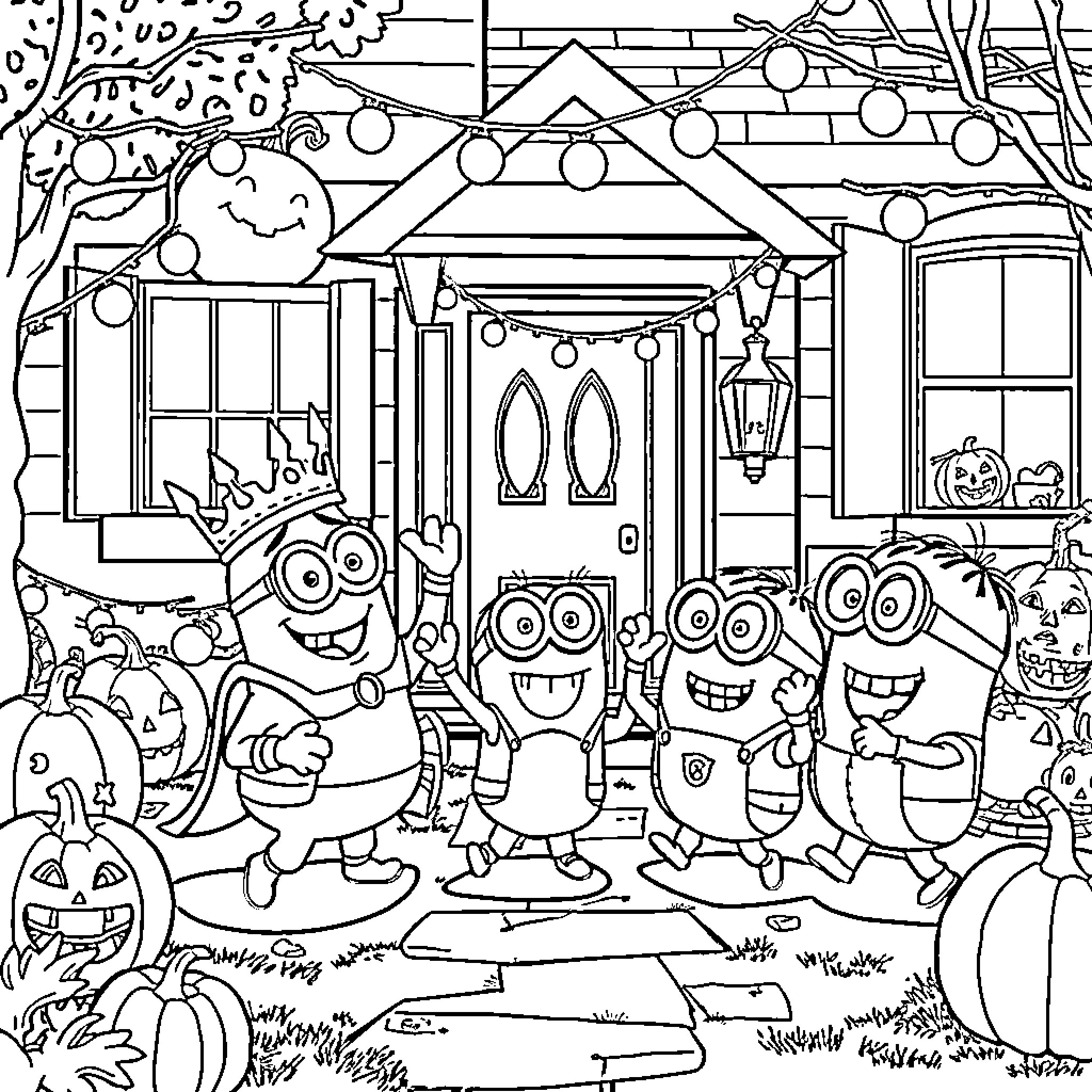 Character Halloween Party with Decorated House and Pumpkins Coloring Page (free black-and-white line drawing printable PDF for all, from beginners to advanced learners, including children, teens, adults, and seniors)