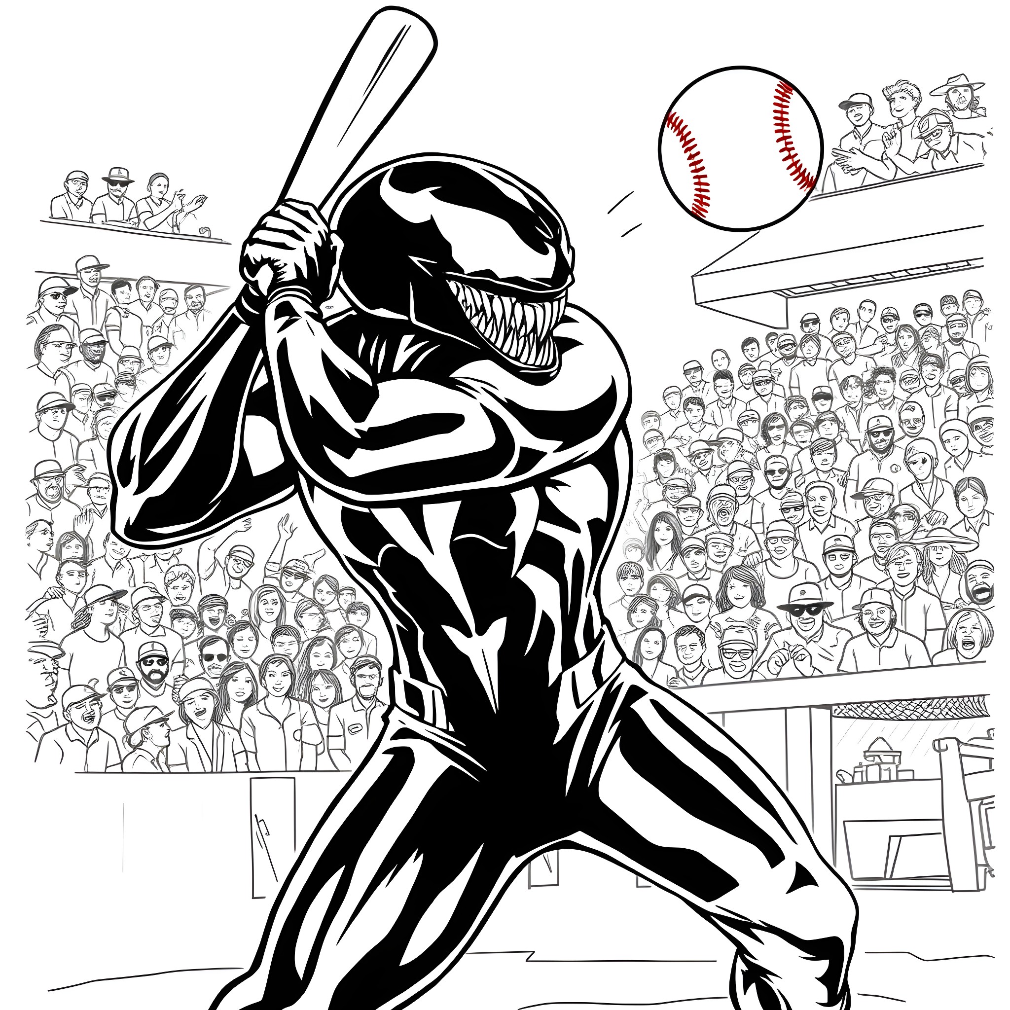 Venom baseball player ready to hit the ball Coloring Page (free black-and-white line drawing printable PDF for all, from beginners to advanced learners, including children, teens, adults, and seniors)