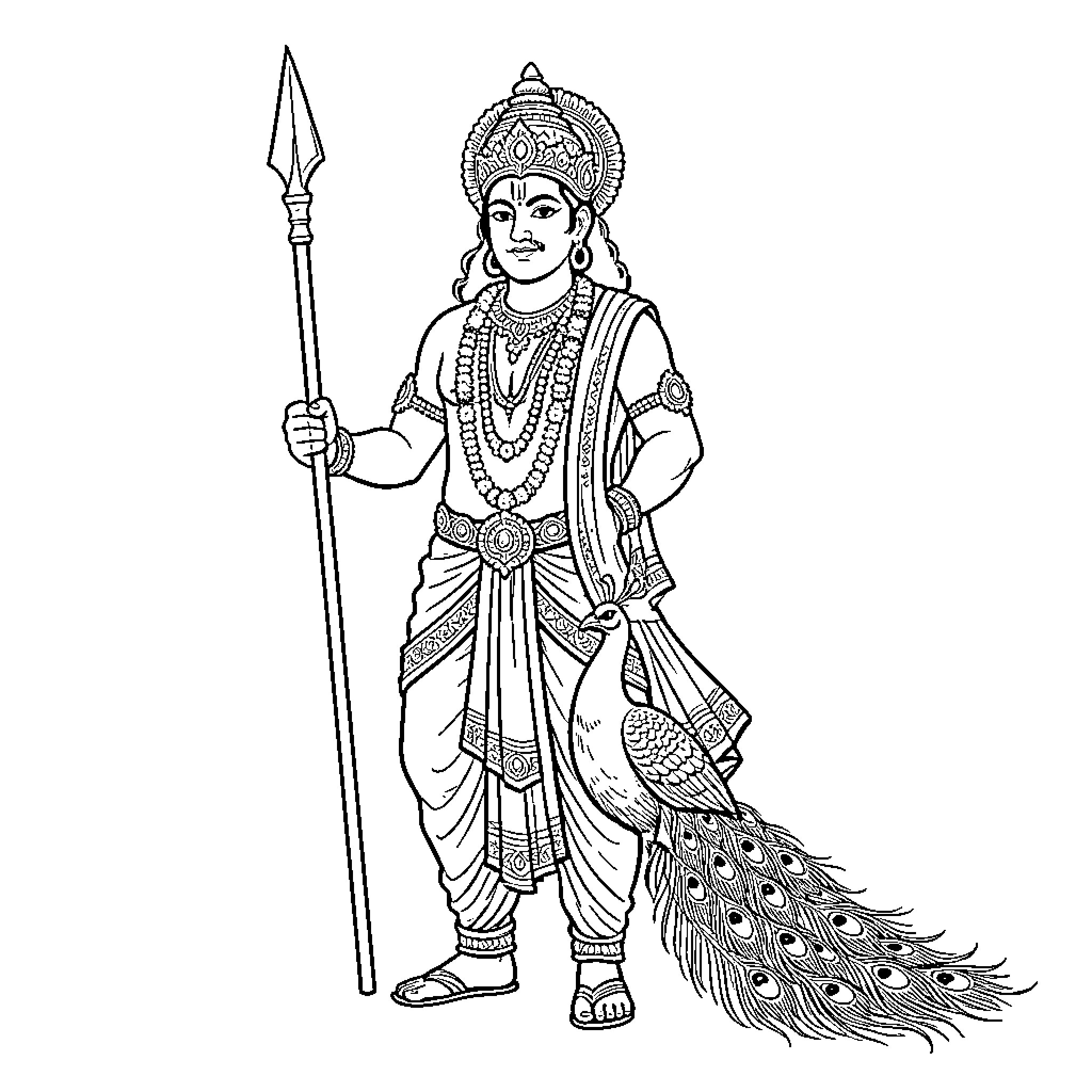 Murugan standing majestically holding a spear with a peacock Coloring Page (free black-and-white line drawing printable PDF for all, from beginners to advanced learners, including children, teens, adults, and seniors)