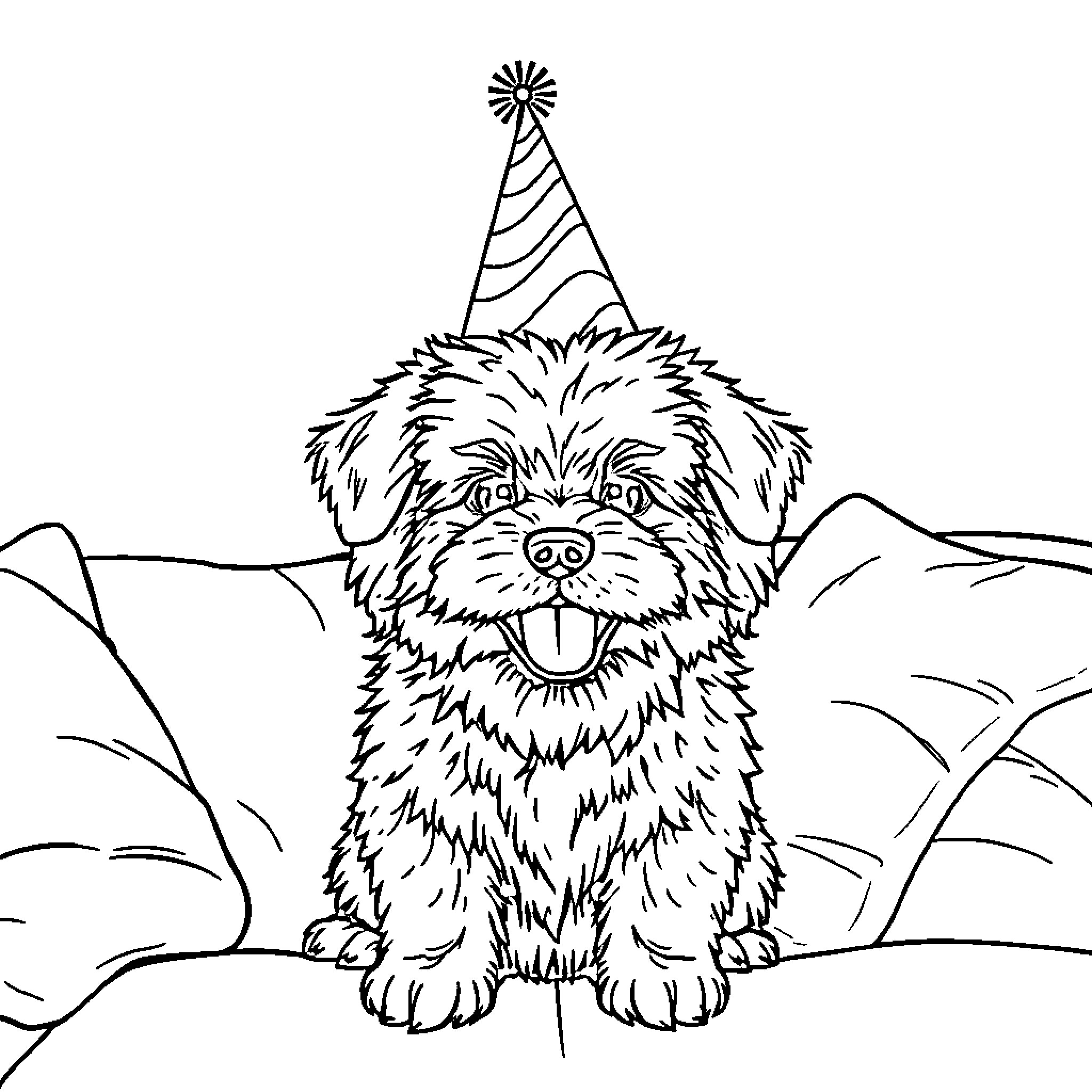 Dog wearing a birthday hat and smiling Coloring Page (free black-and-white line drawing printable PDF for all, from beginners to advanced learners, including children, teens, adults, and seniors)